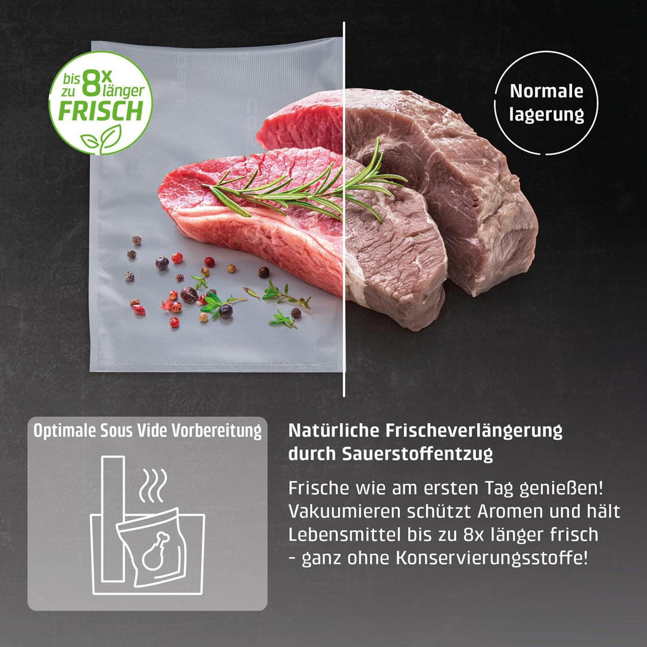 Rohes Fleisch wird für eine längere Haltbarkeit im Vakuumbeutel gezeigt.