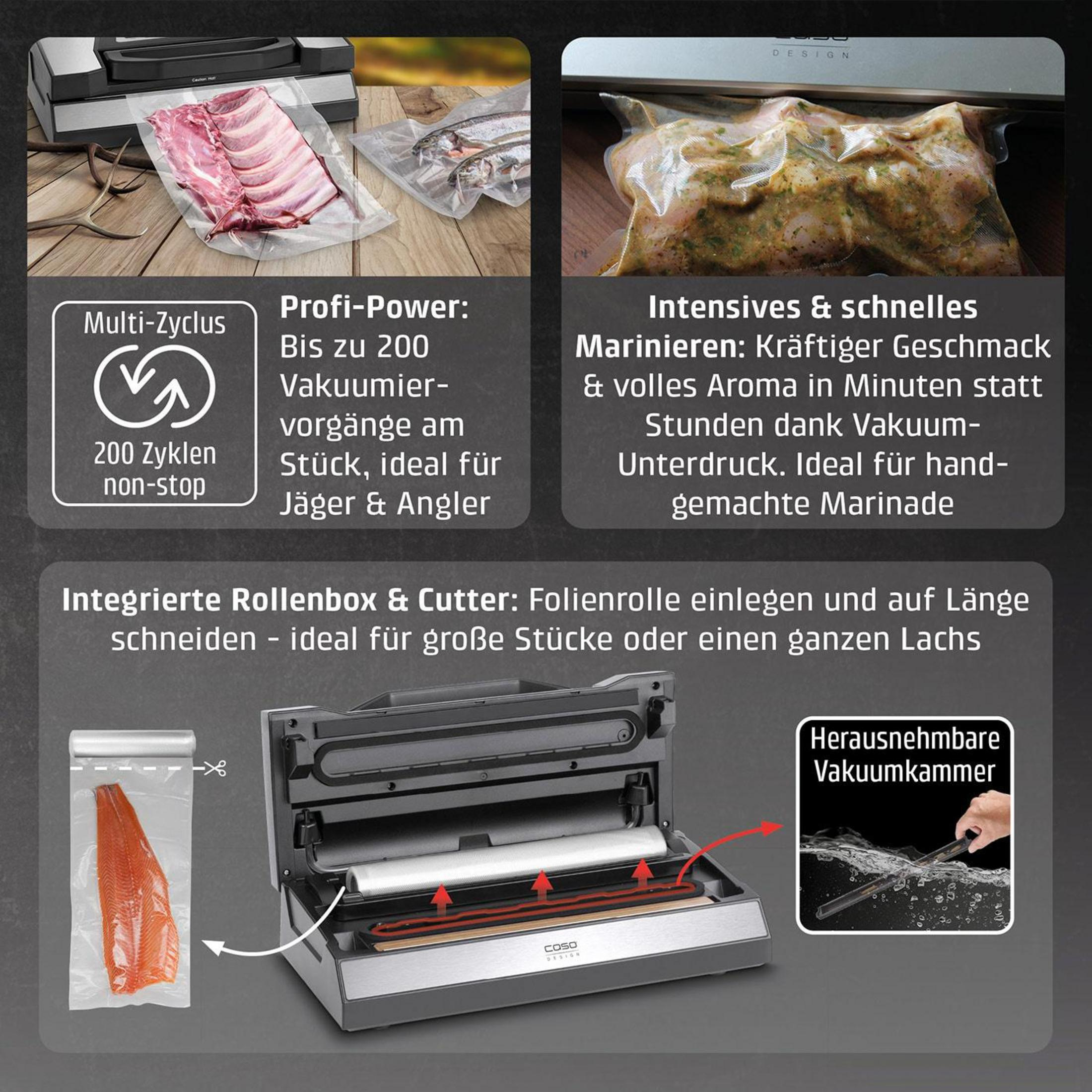 Vakuumiergerät mit verschiedenen Lebensmittelpackungen und Funktionen.