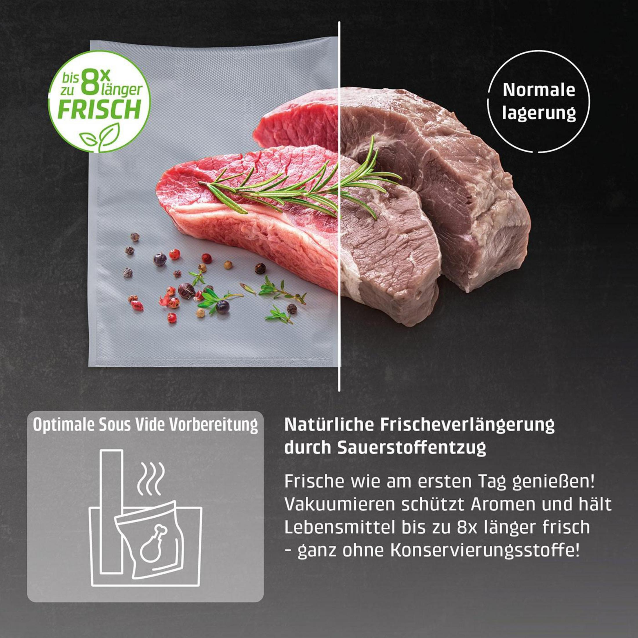 Rohes Fleisch wird vakuumverpackt und daneben, um Frische zu zeigen.