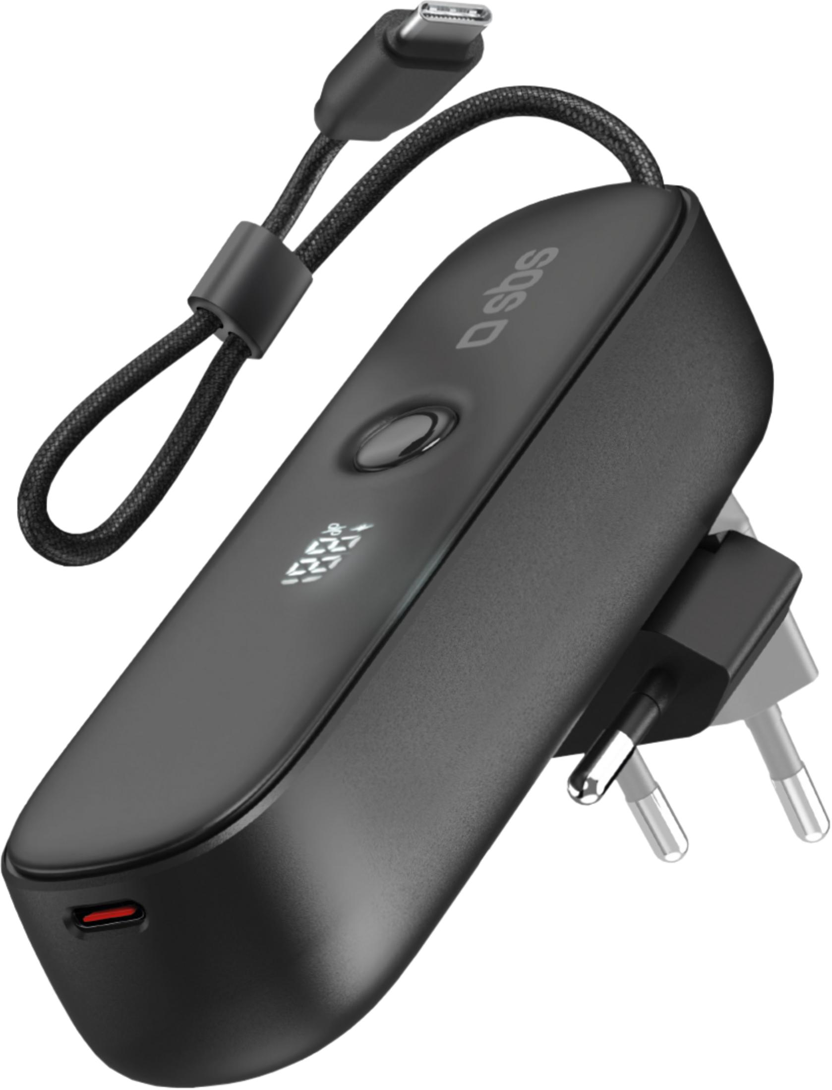 Adattatore SBS nero con cavo USB-C e display digitale.