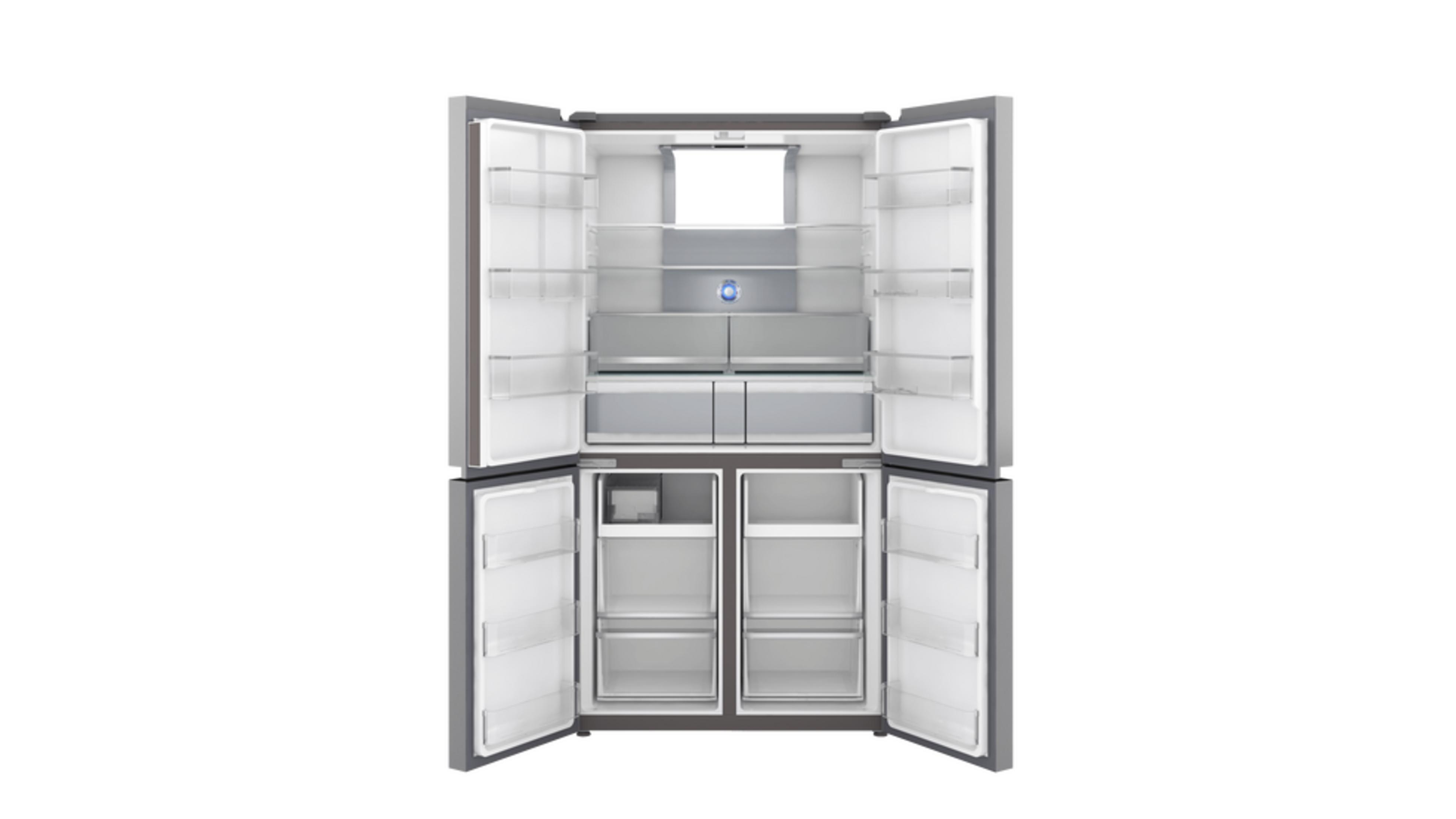 Un refrigerador abierto y vacío con múltiples estantes y cajones.