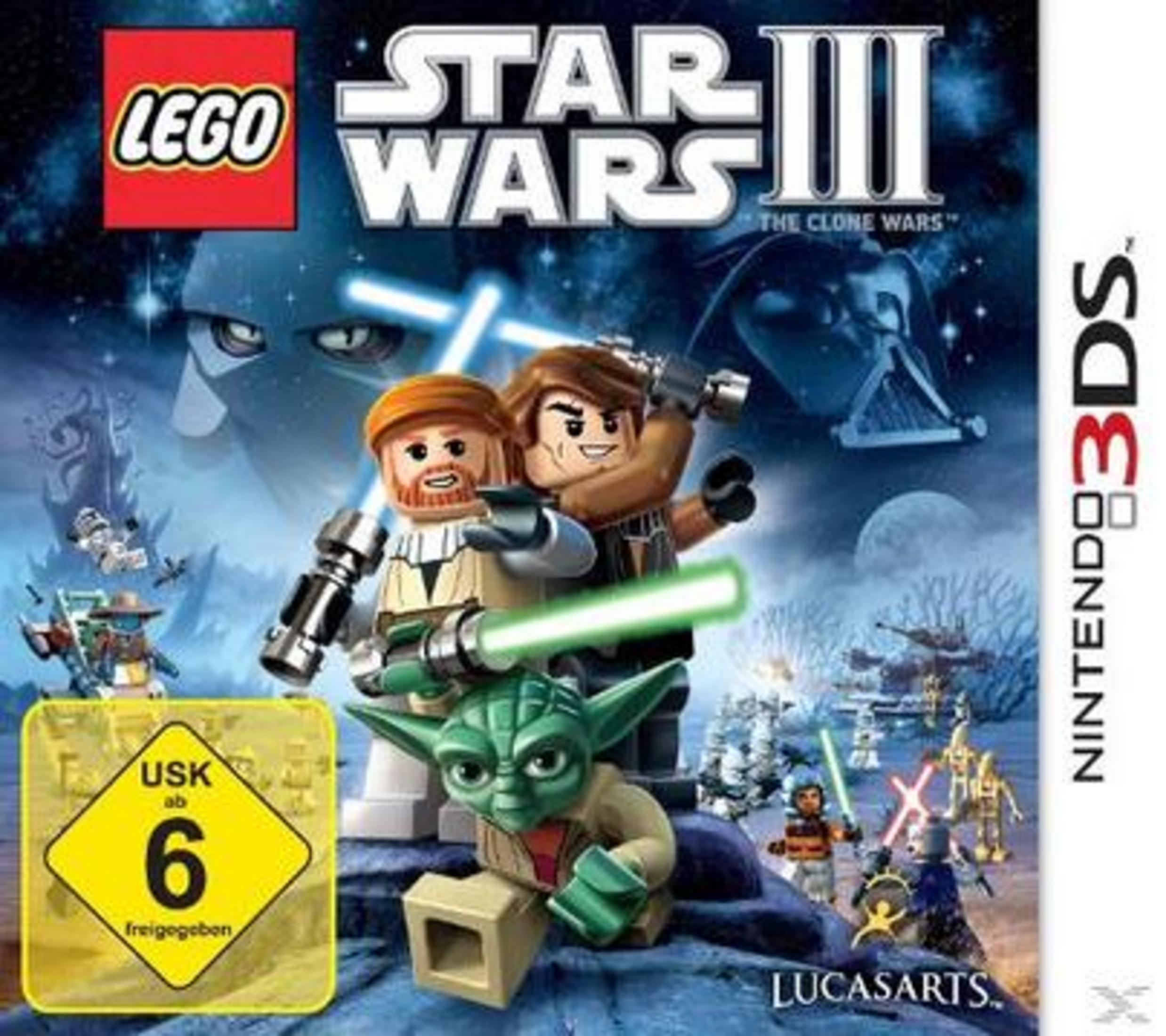 Copertina del gioco Lego Star Wars III: The Clone Wars con Yoda, Anakin e Obi-Wan.