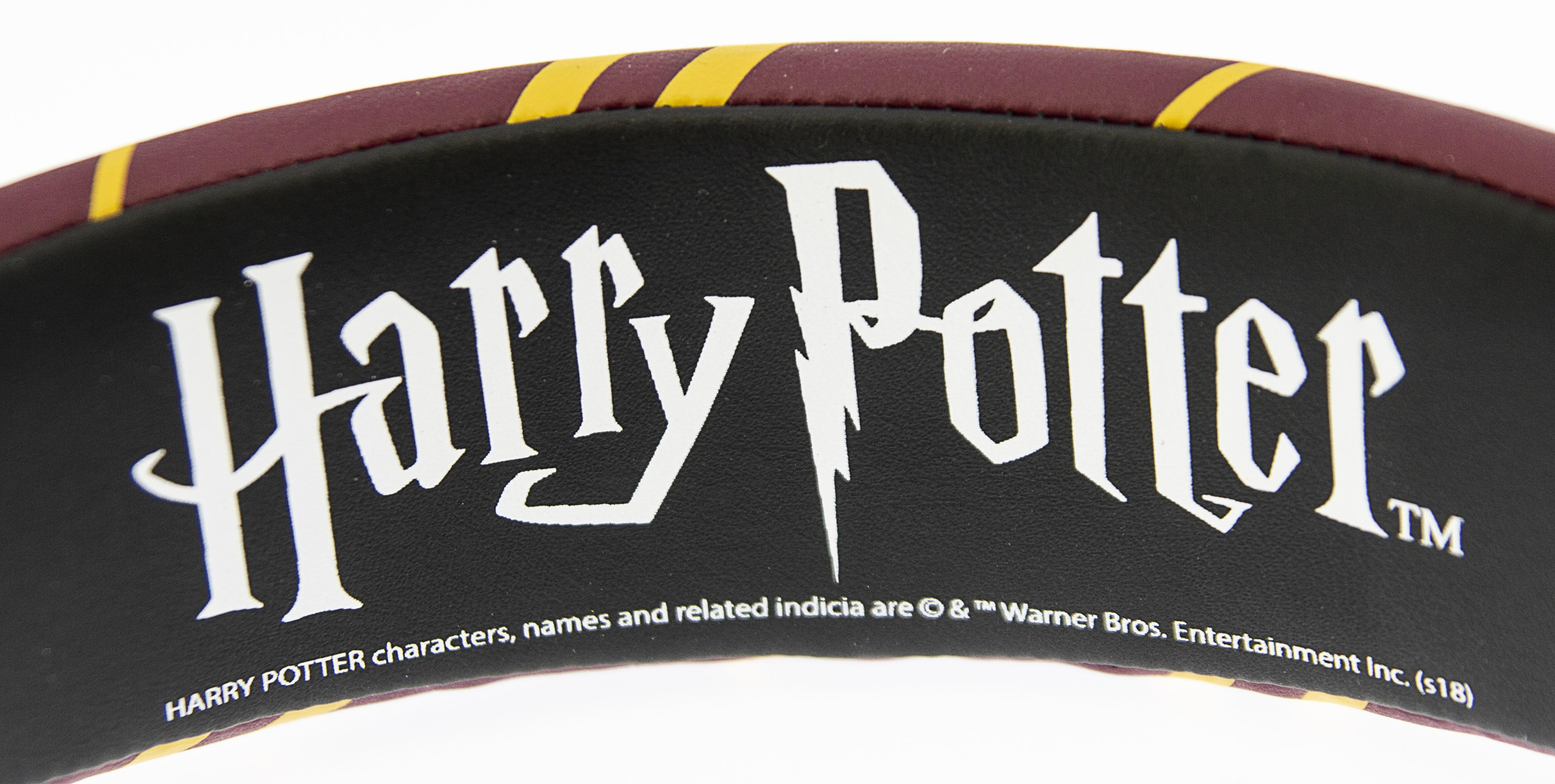 Harry Potter Logo auf Schwarz mit bordeauxroten und gelben Streifen.