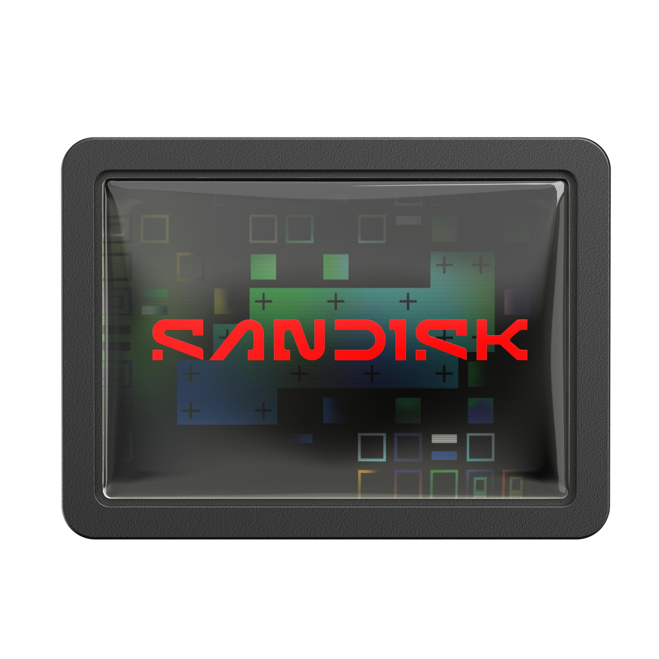 Una cornice nera circonda un display con la scritta rossa SANDISK e motivi astratti.
