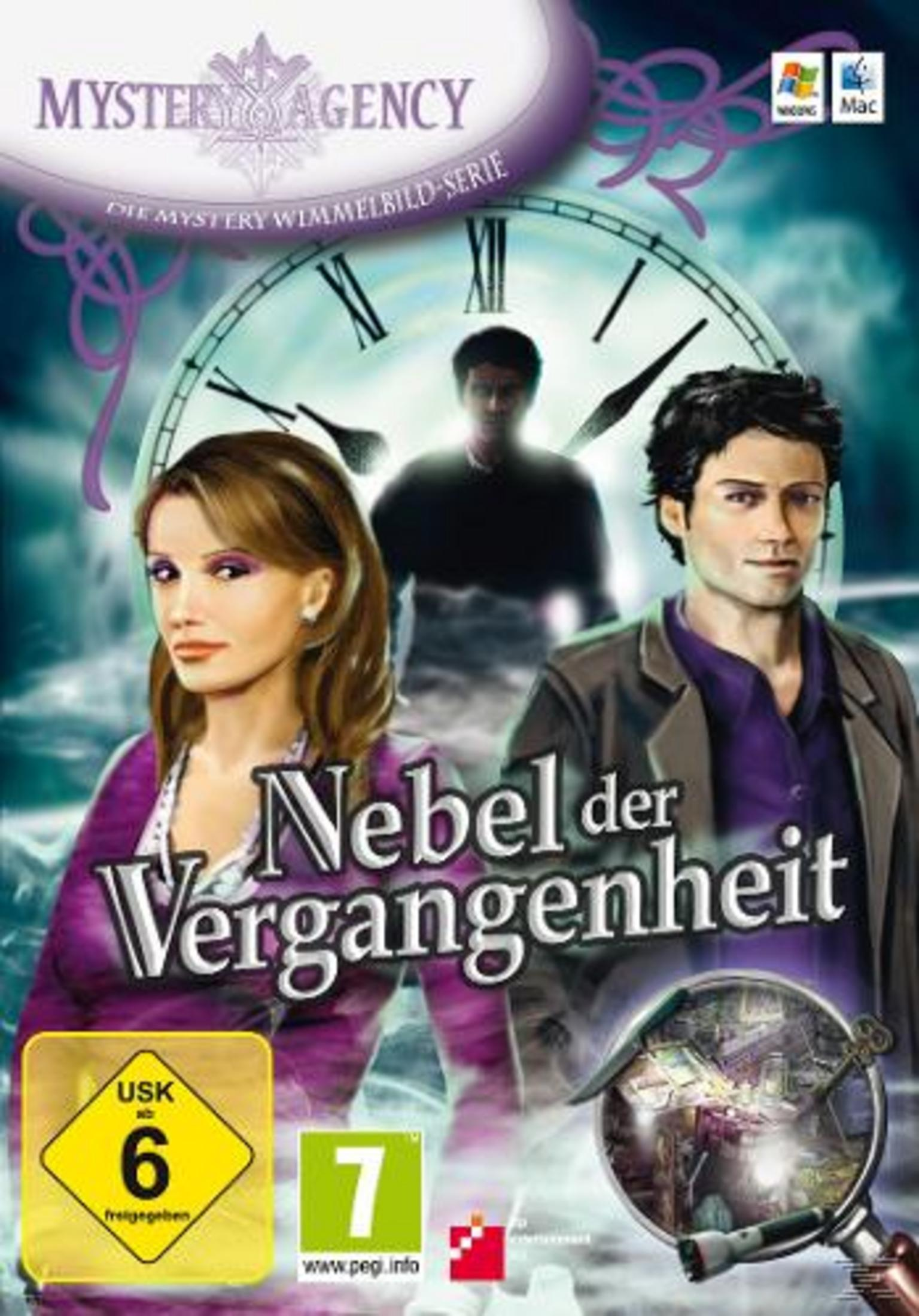Spielcover: Zwei Personen vor einer Uhr. "Nebel der Vergangenheit" steht am unteren Rand.