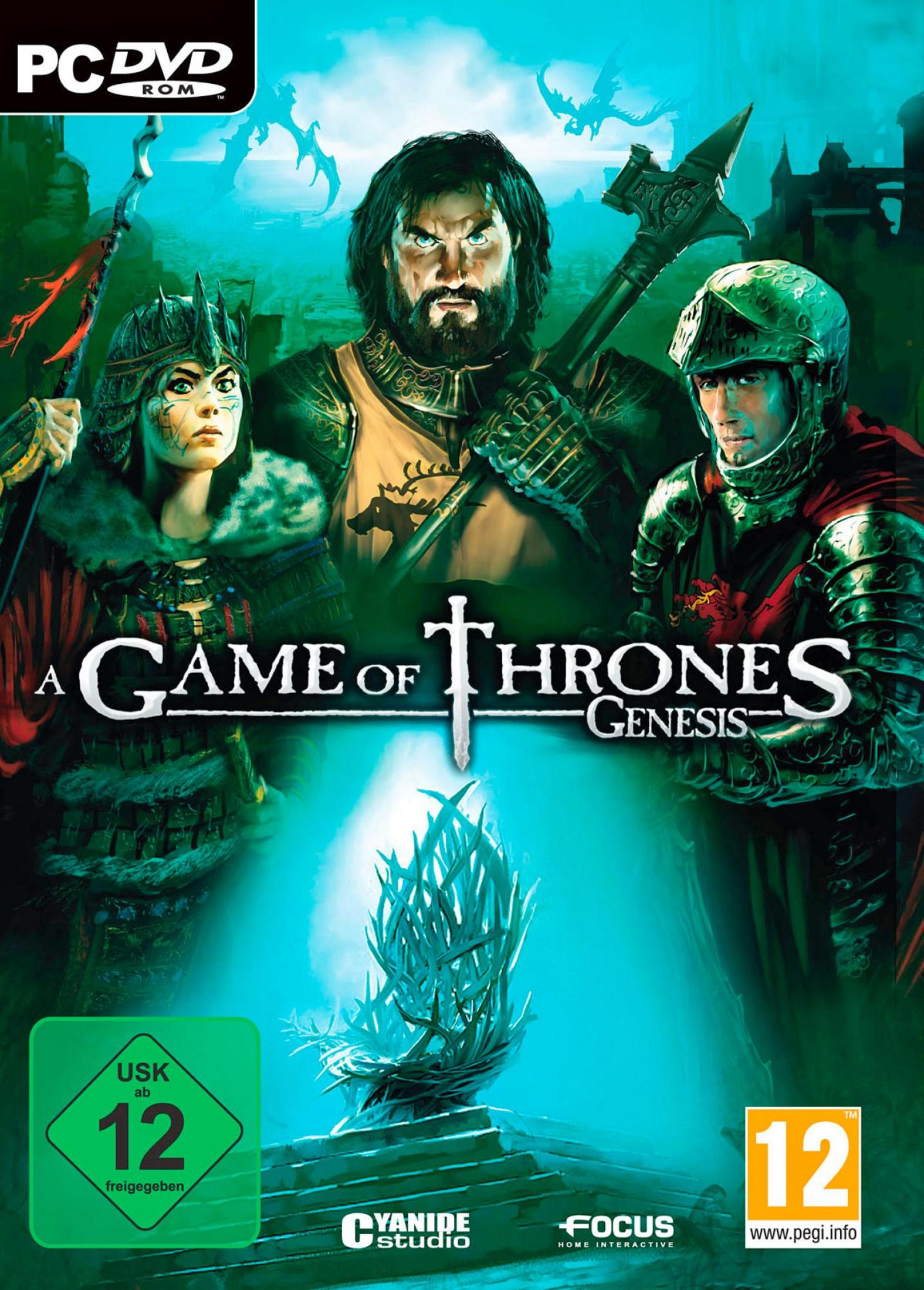 Drei Charaktere vor einem Hintergrund mit Drachen und Burgen. Titel und Logos unten.