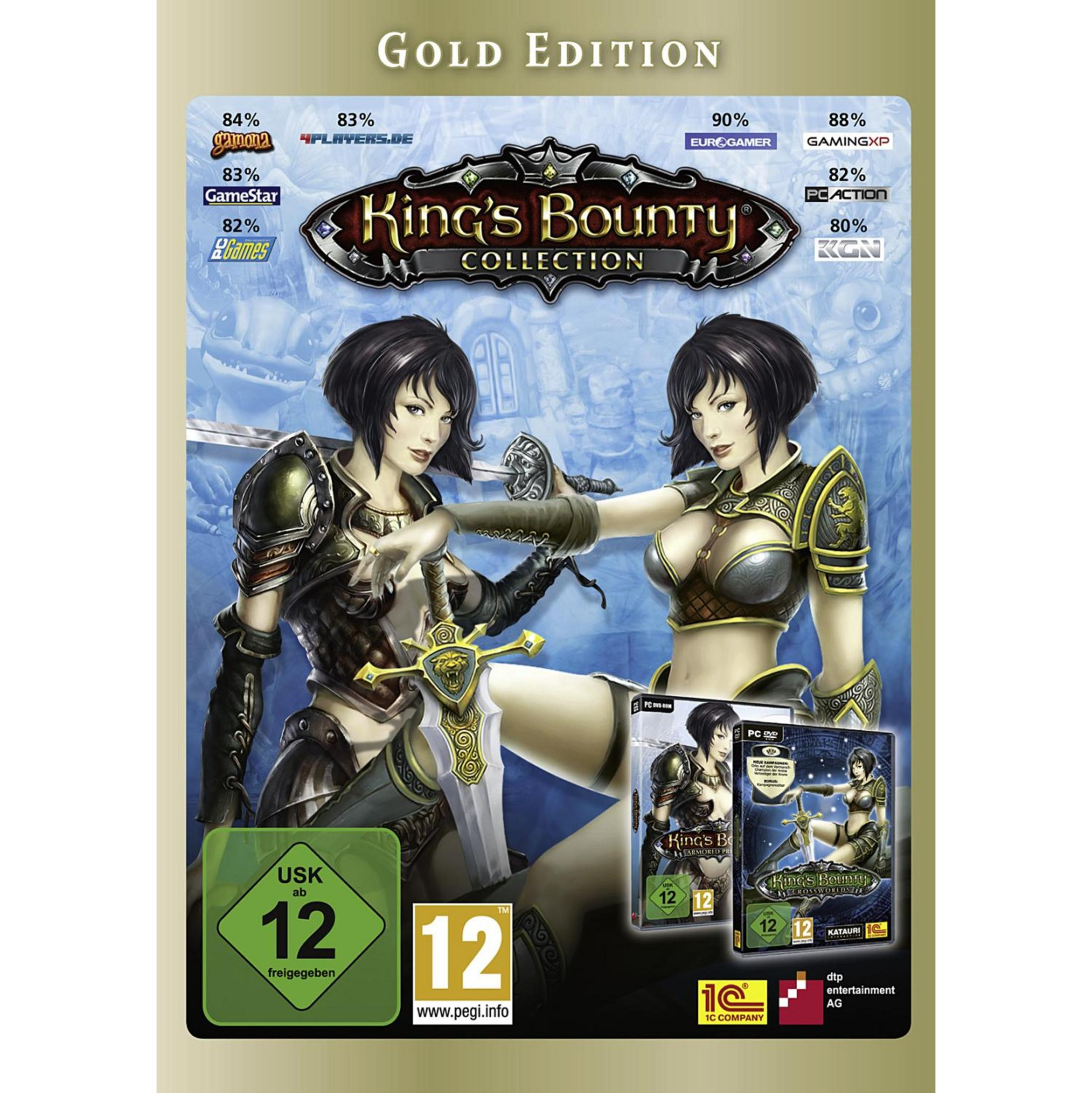 Gold Edition Cover: Zwei Kriegerinnen mit Schwertern vor dem Spiel "King's Bounty Collection".