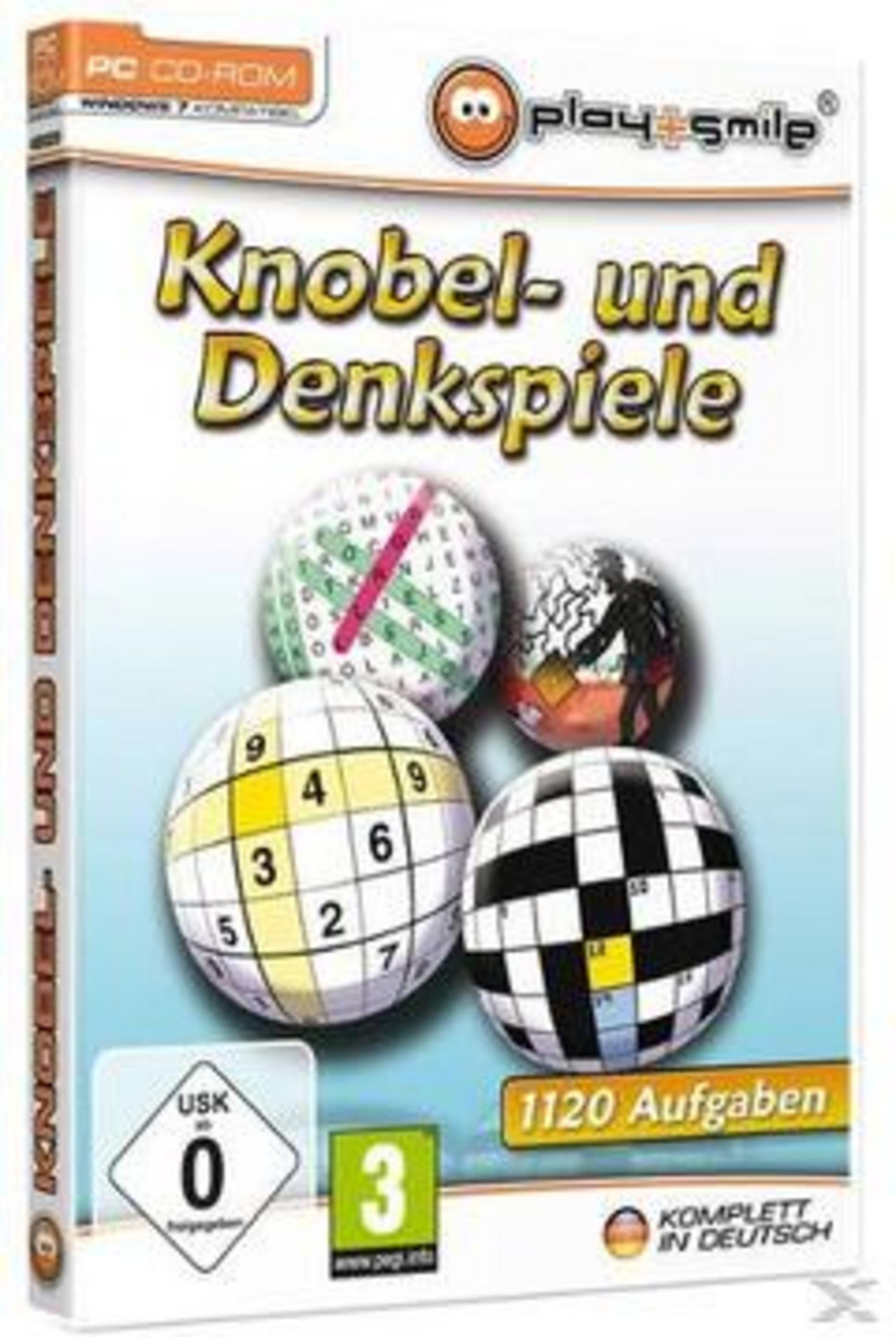 Packung für Knobel- und Denkspiele mit vier Kugeln, die Rätsel darstellen.