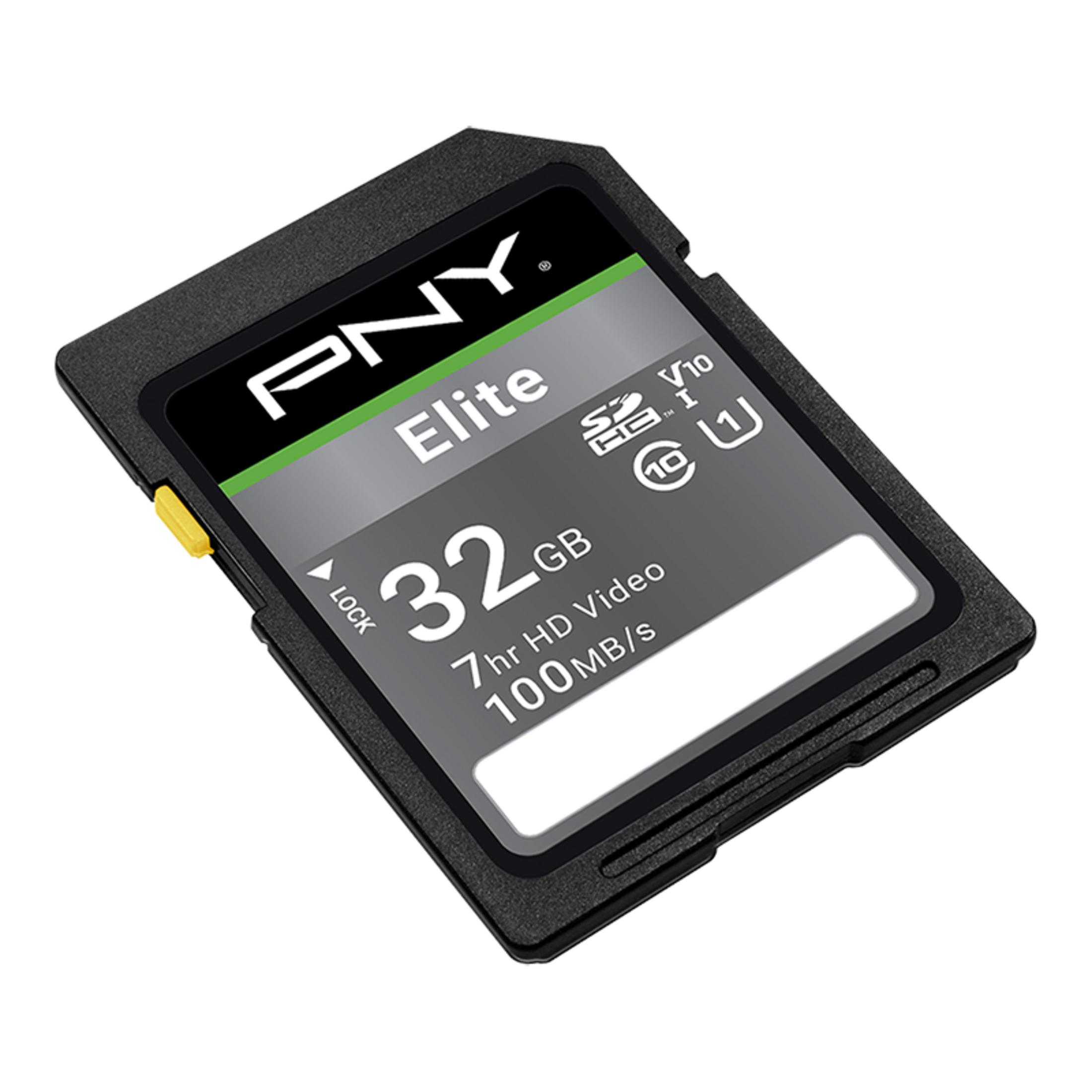 PNY Elite 32GB SD-kaart met 100MB/s leessnelheid en video-icoon.