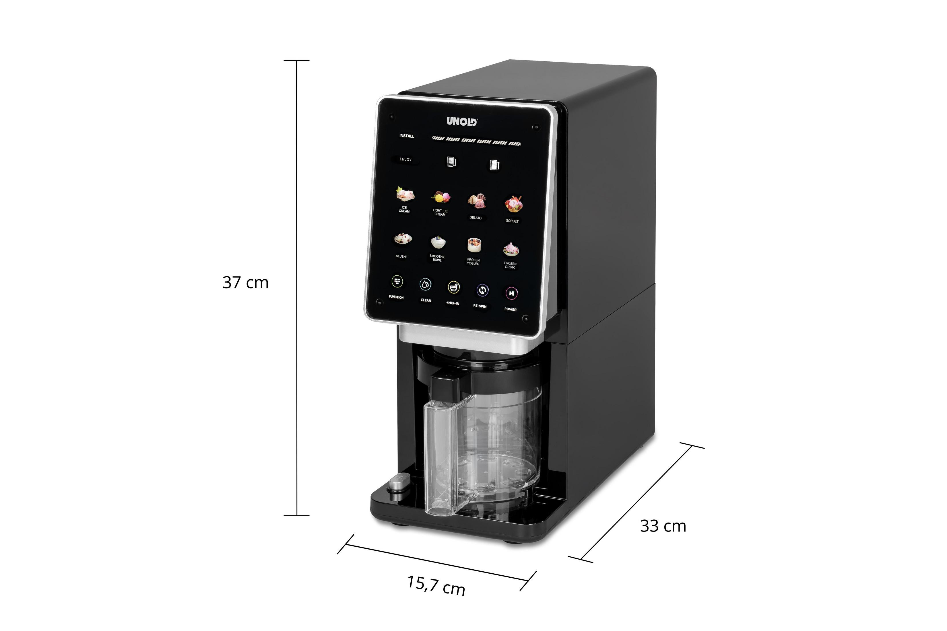 Schwarzer Unold Eismaschine mit Touchscreen, der verschiedene Dessertoptionen anzeigt.