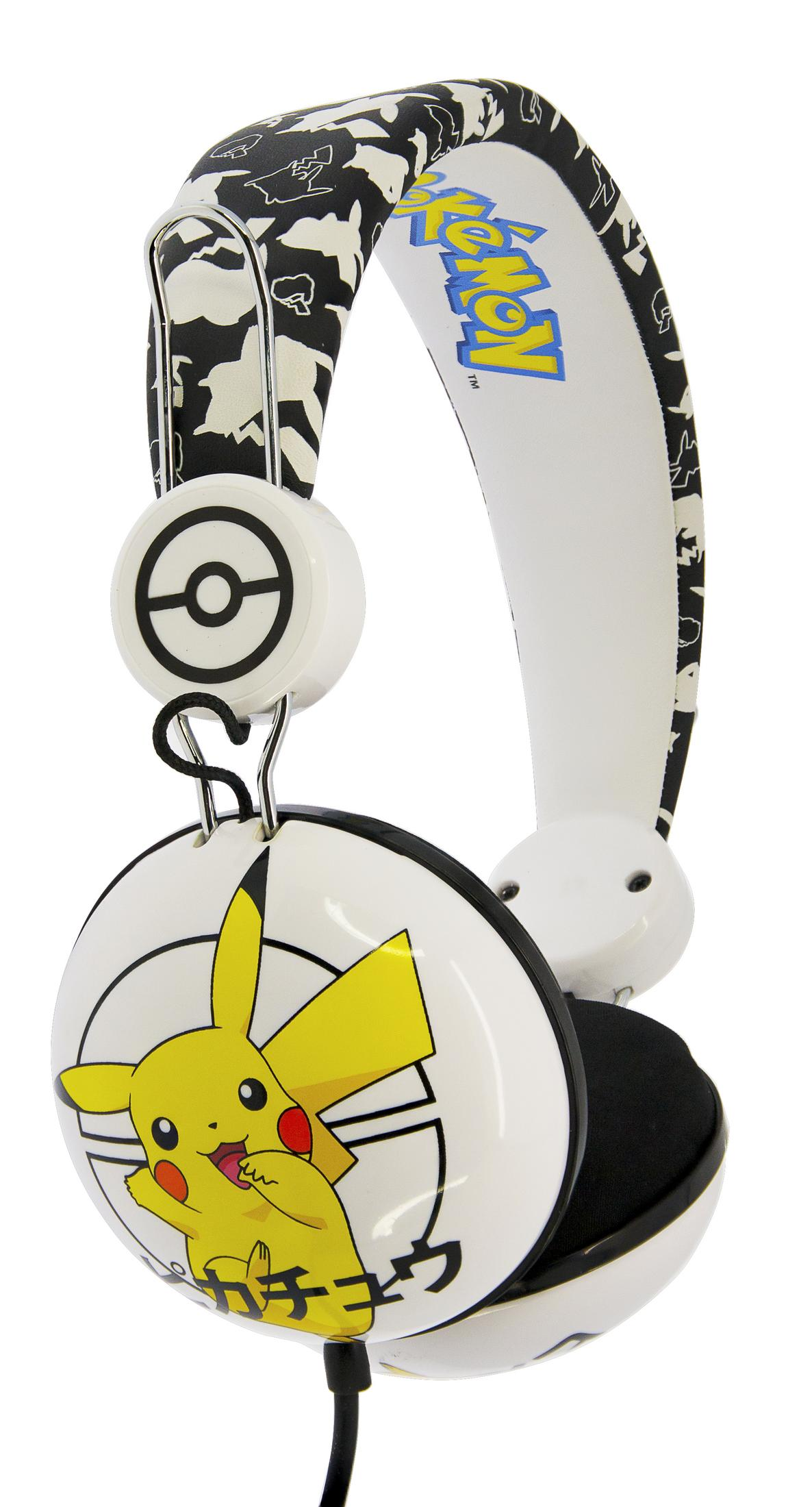 Weiße Kopfhörer mit Pikachu und Pokemon-Logo. Schwarz-weißes Muster am Kopfbügel.