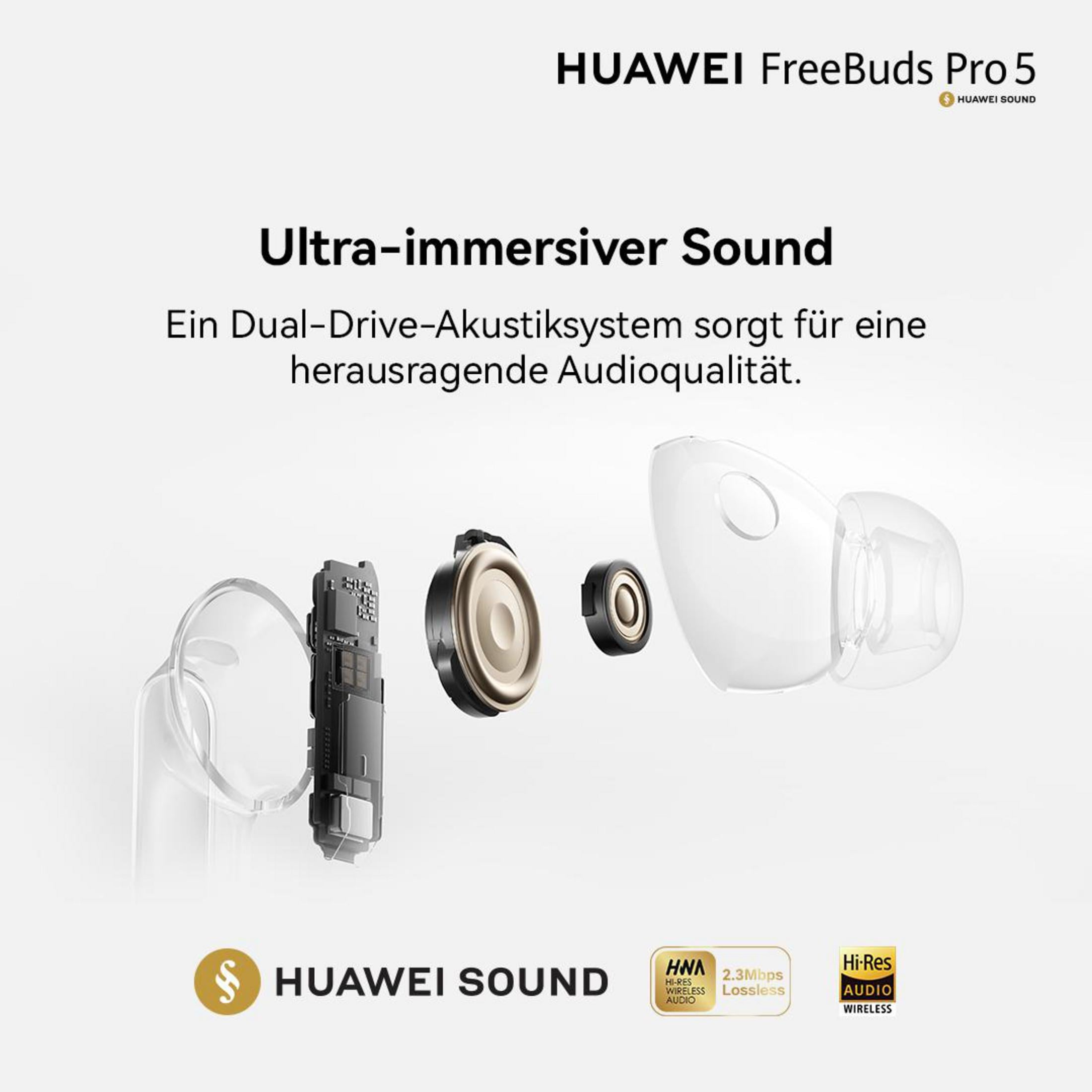HUAWEI FreeBuds Pro 5 with components and audio seals shown.