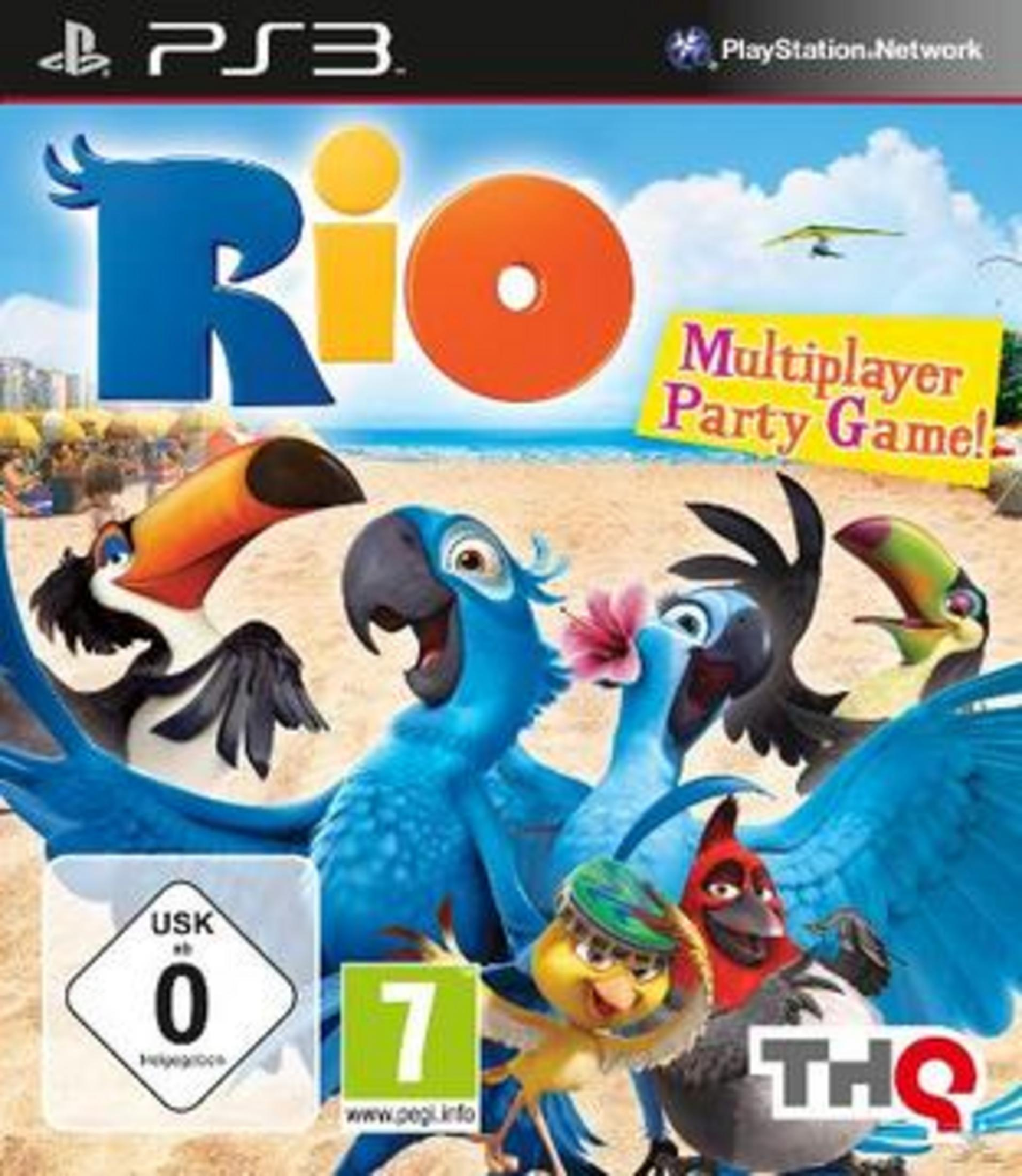 Das Cover zeigt Vögel aus dem Film Rio auf einem Strand, mit dem PS3-Logo.