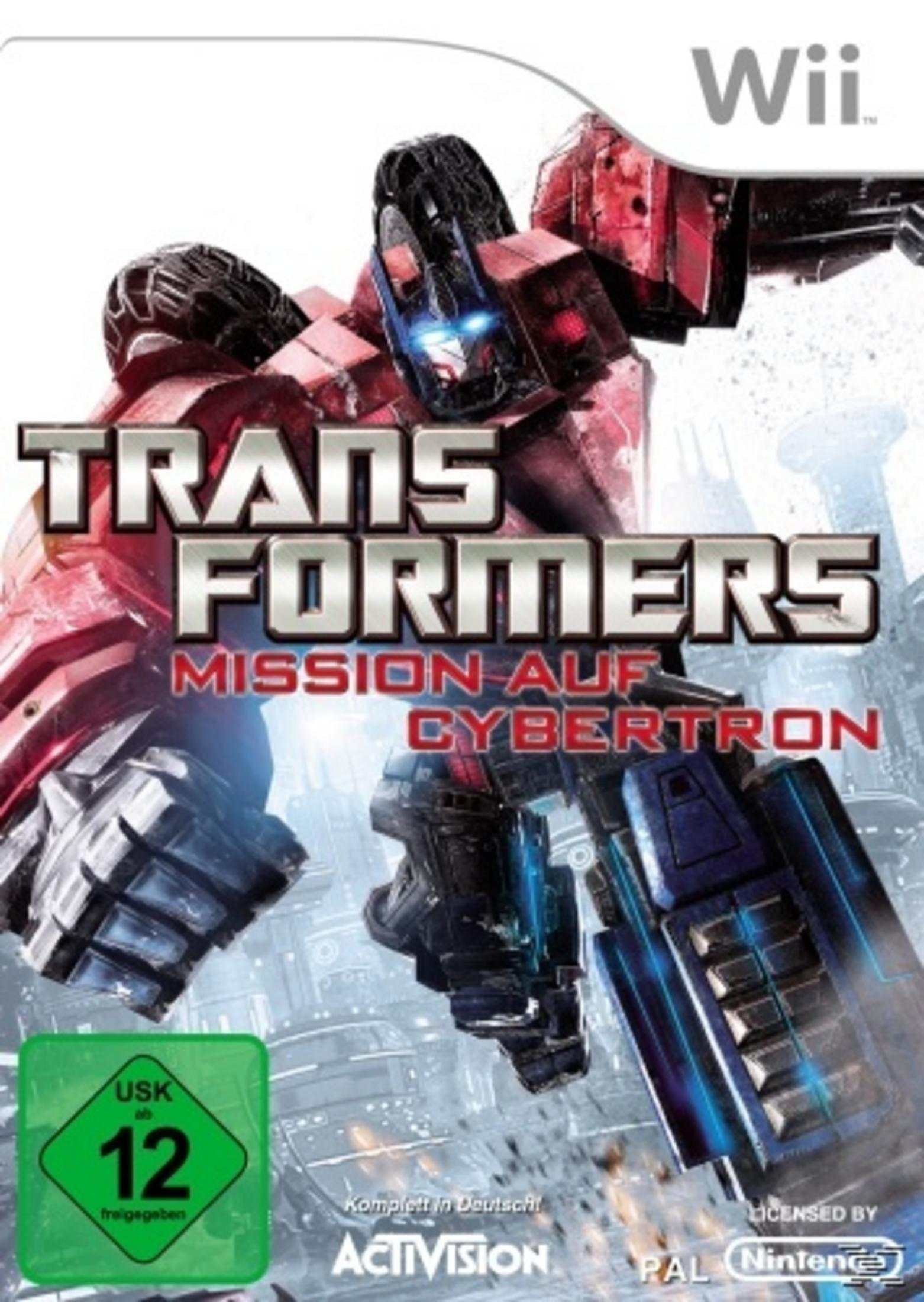 Wii Spiel "Transformers: Mission auf Cybertron" mit roten und blauen Robotern.