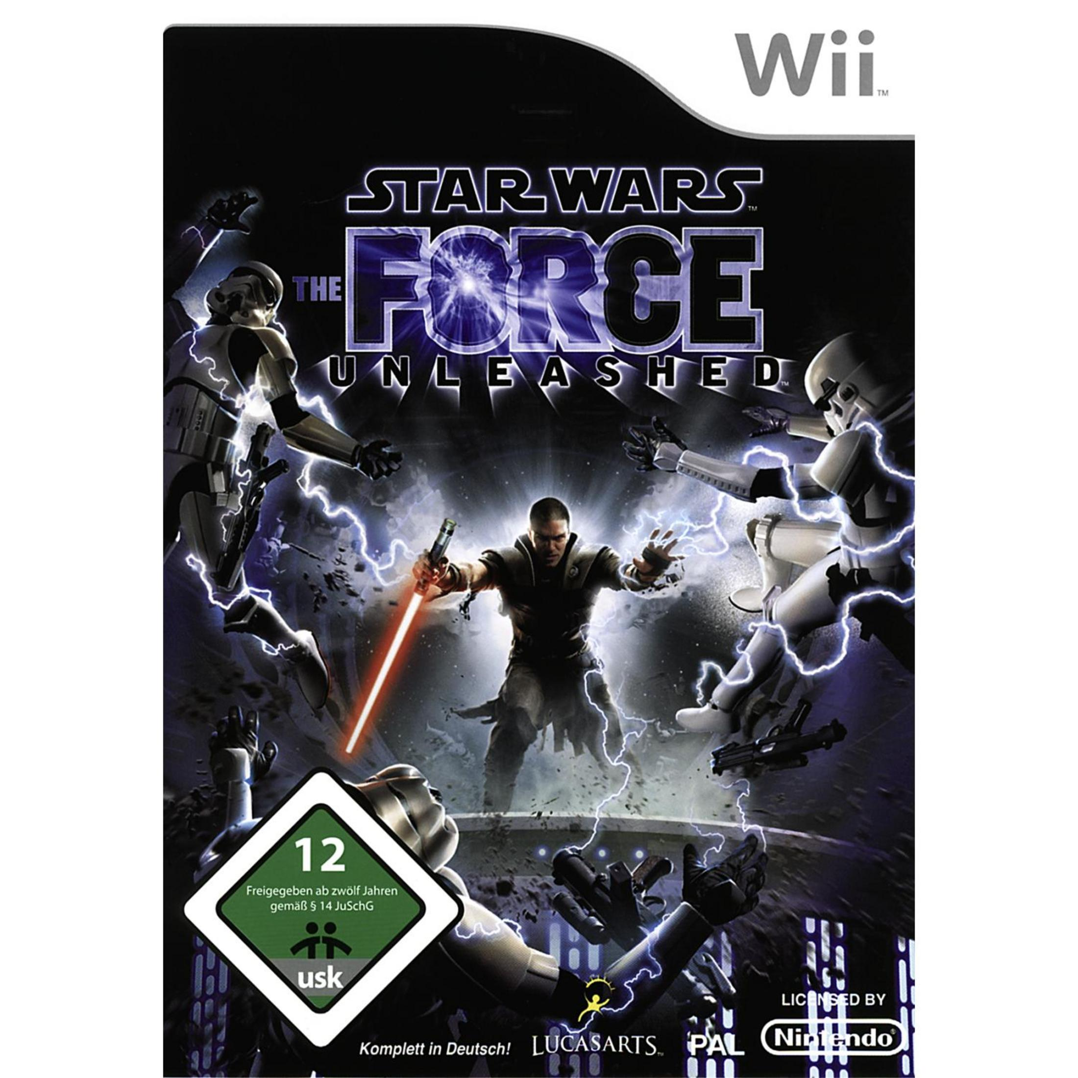 Star Wars: The Force Unleashed Wii-Spielcover mit einem Mann, der einen Lichtschwert hält, und Sturmtruppen.