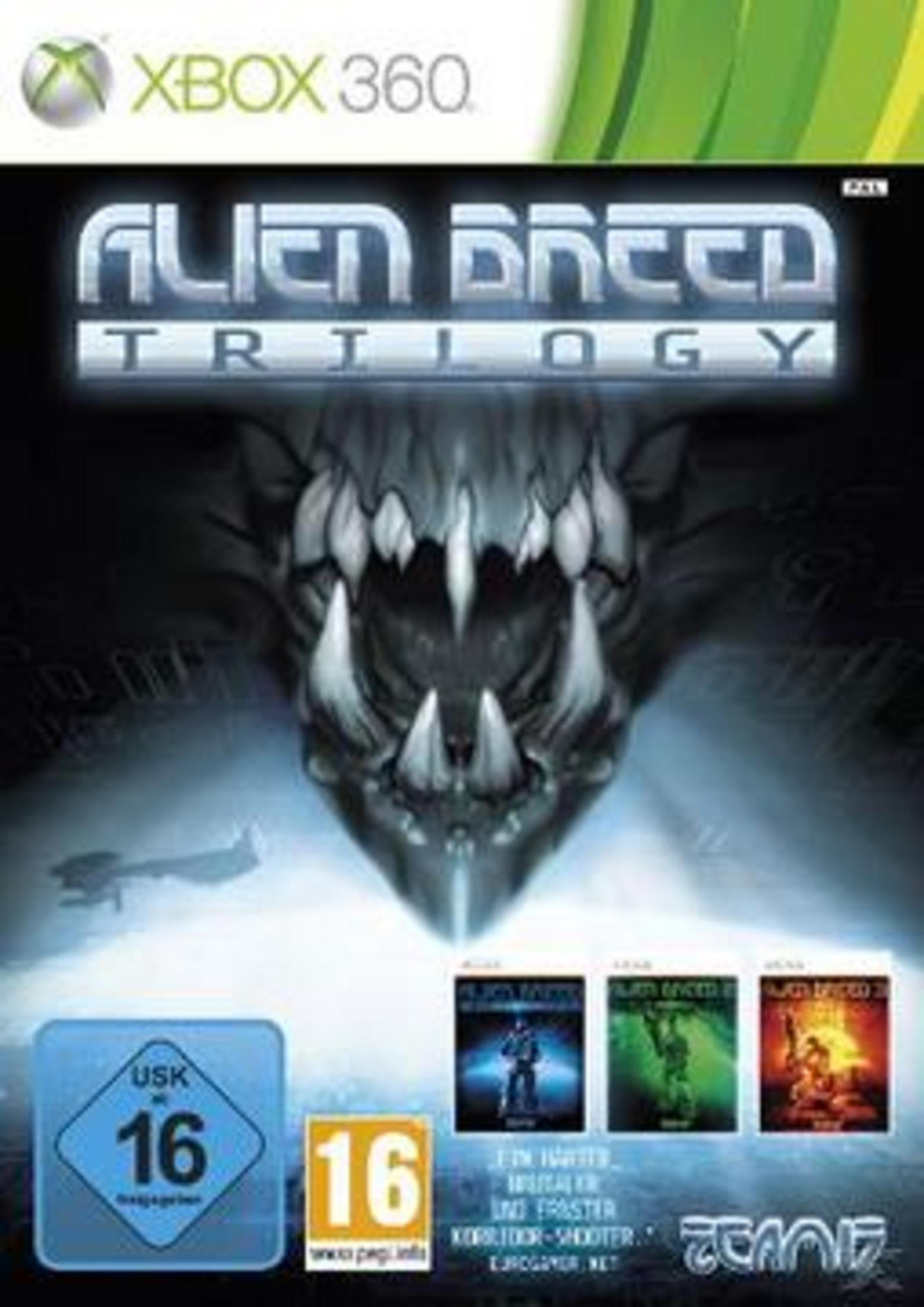 Alien Breed Trilogy Xbox 360 Spielhülle mit Alien-Kopf und Alterseinstufungen.