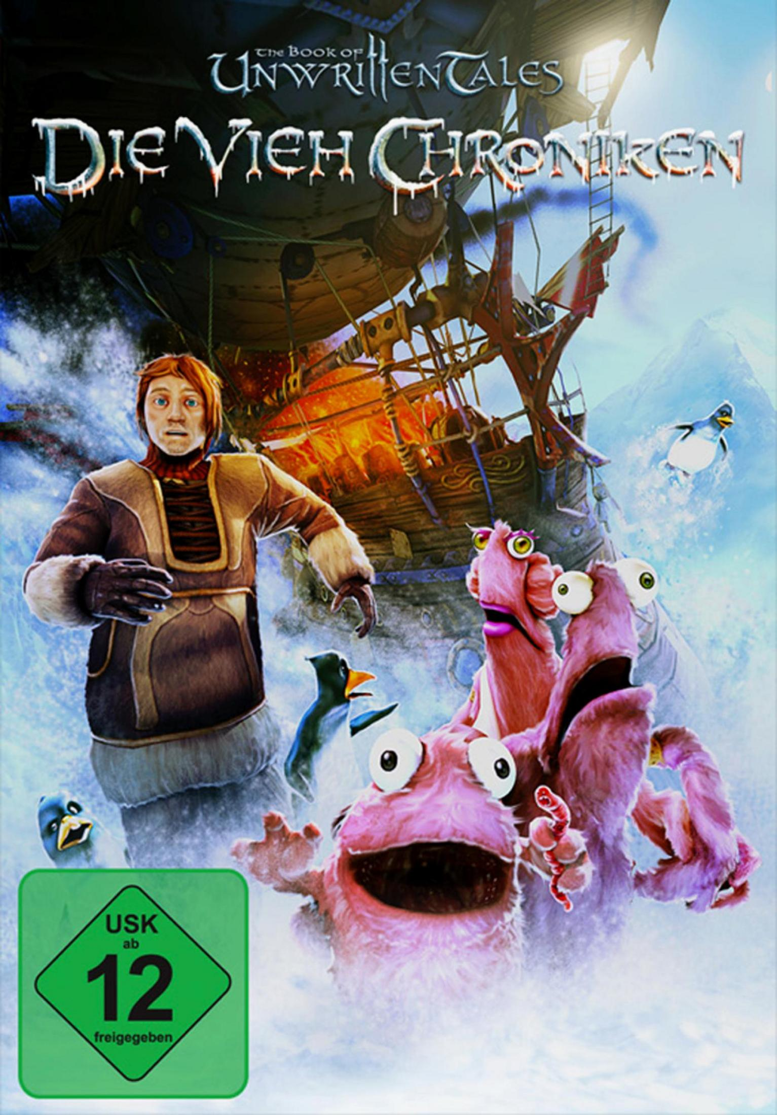 Ein Mann in braunem Mantel steht mit rosa Puppen und Pinguinen bei einem Schiff.