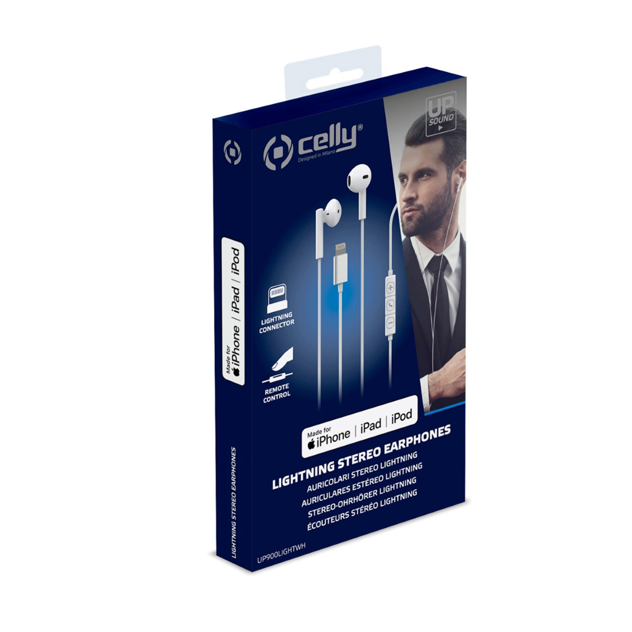 Box for white Celly Lightning stereo earphones for iPhone, iPad, iPod.