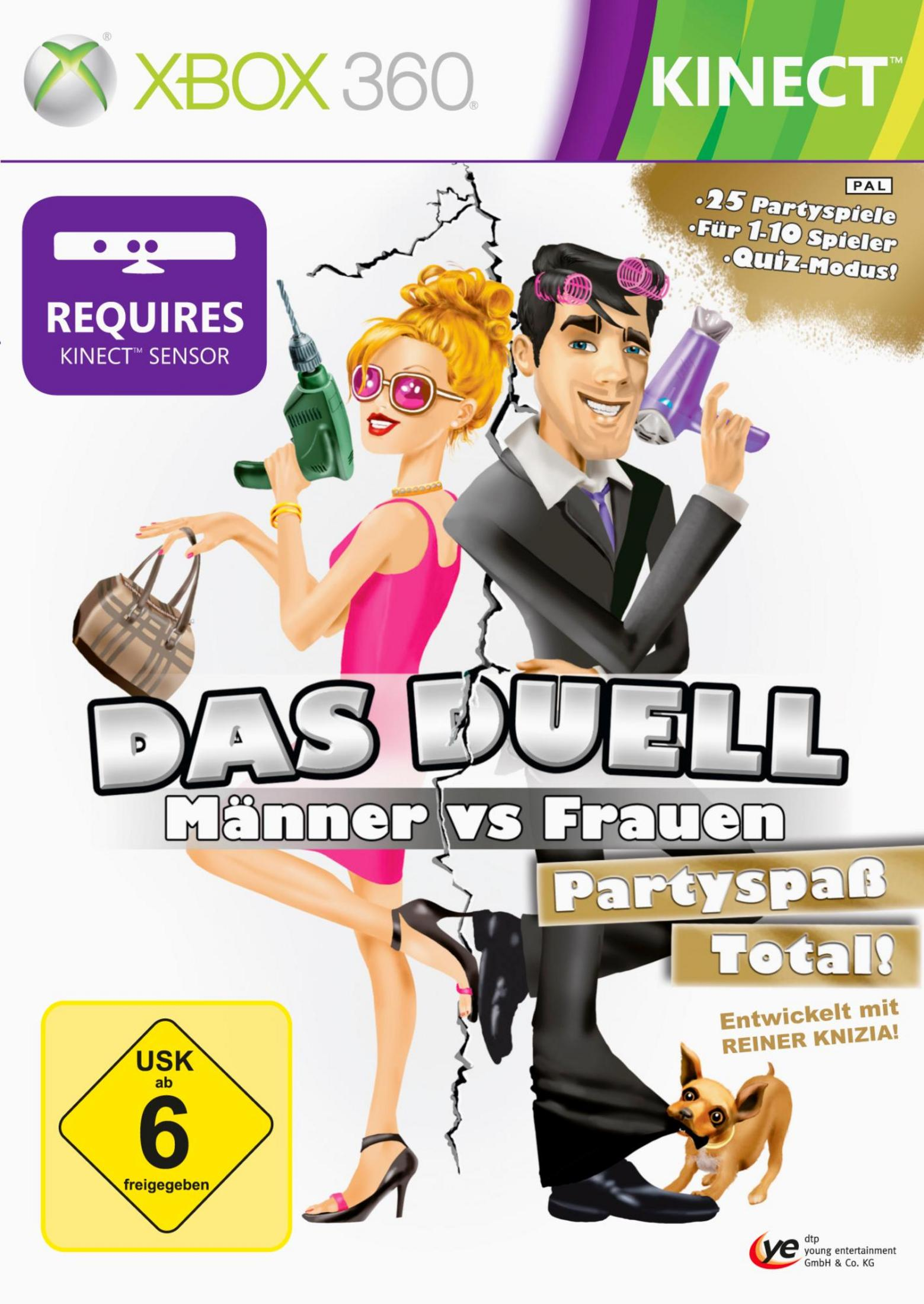 Xbox 360 Kinect Hülle mit Mann und Frau, die sich gegenüberstehen. Hund beißt Mann in Schuh.
