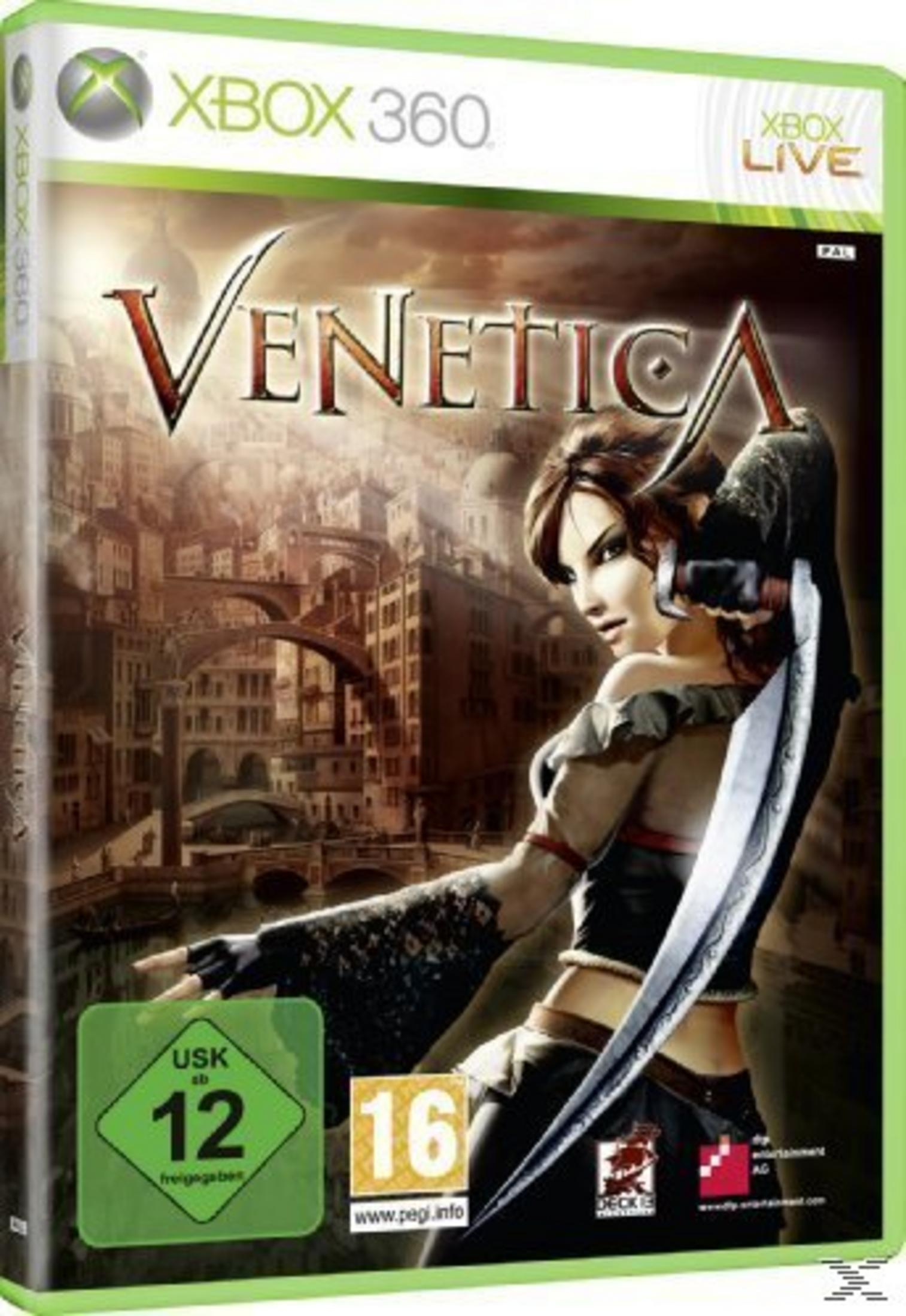 Xbox 360 Spielcover: Venetica mit Kriegerin vor venezianischer Stadtansicht.