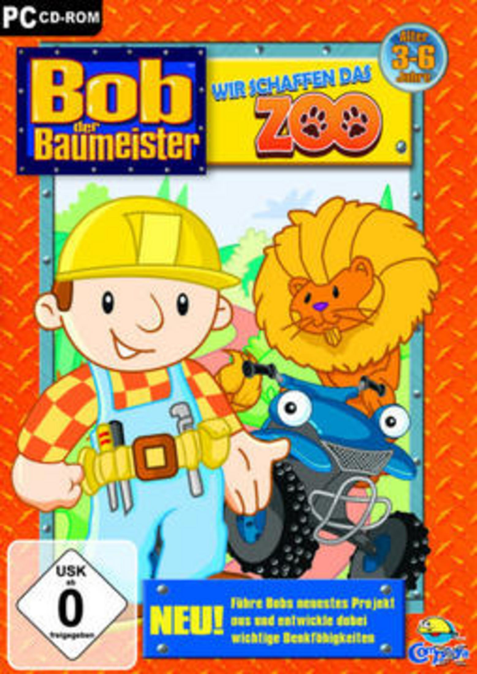 Bob der Baumeister PC CD-ROM-Spielcover. Bob, ein Löwe und ein blauer ATV sind abgebildet.