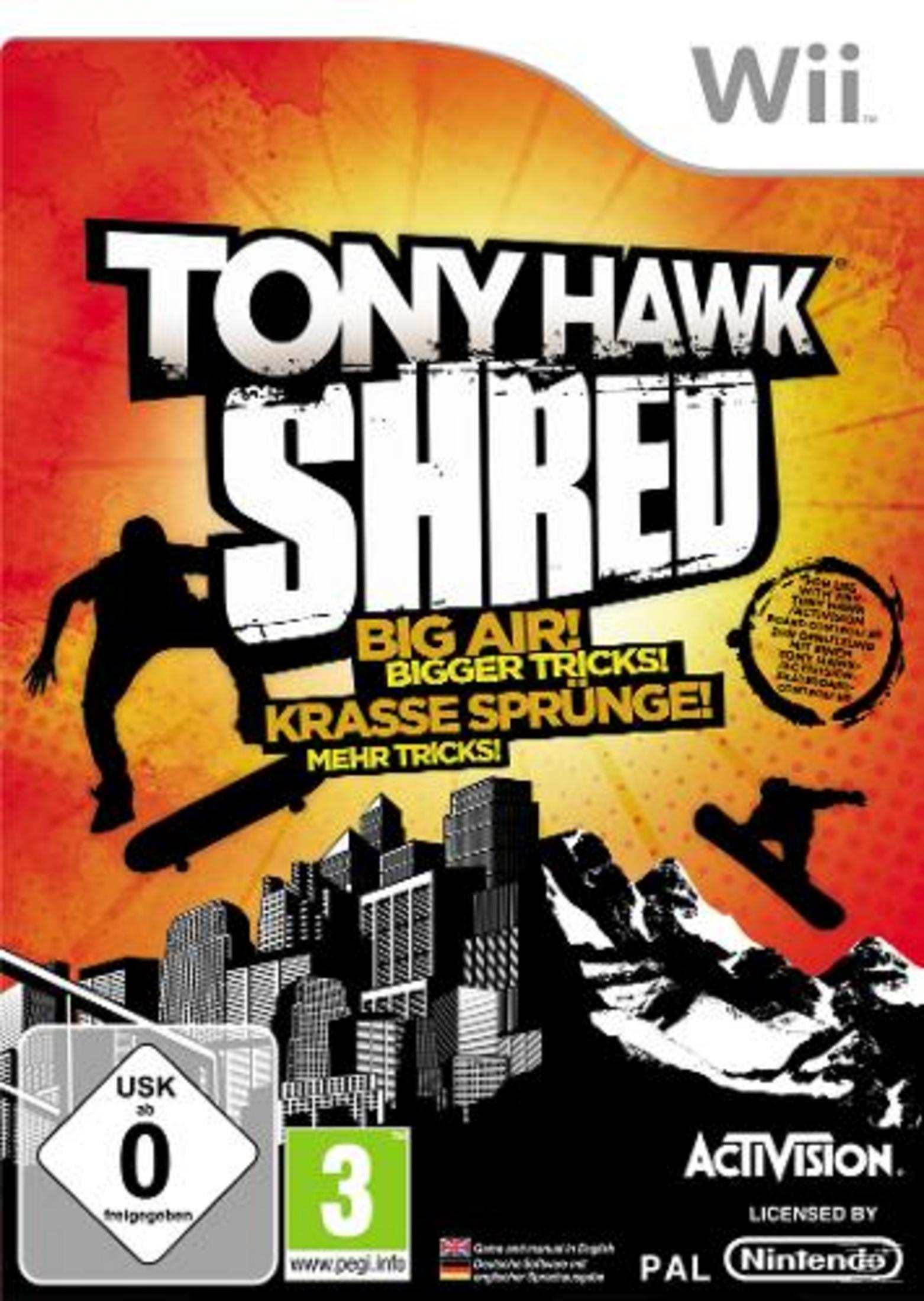 Tony Hawk Shred Wii Box. Skater springen über Stadt und Berge. USK 0, PEGI 3.
