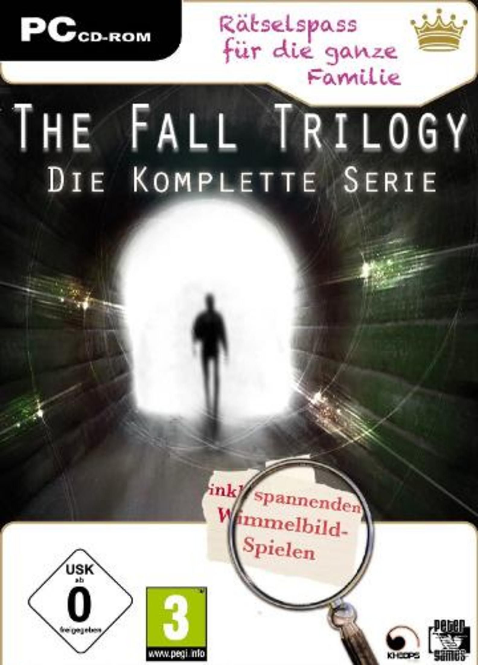 Ein Mann geht auf einen hellen Tunnel zu. "The Fall Trilogy" Spielcover.