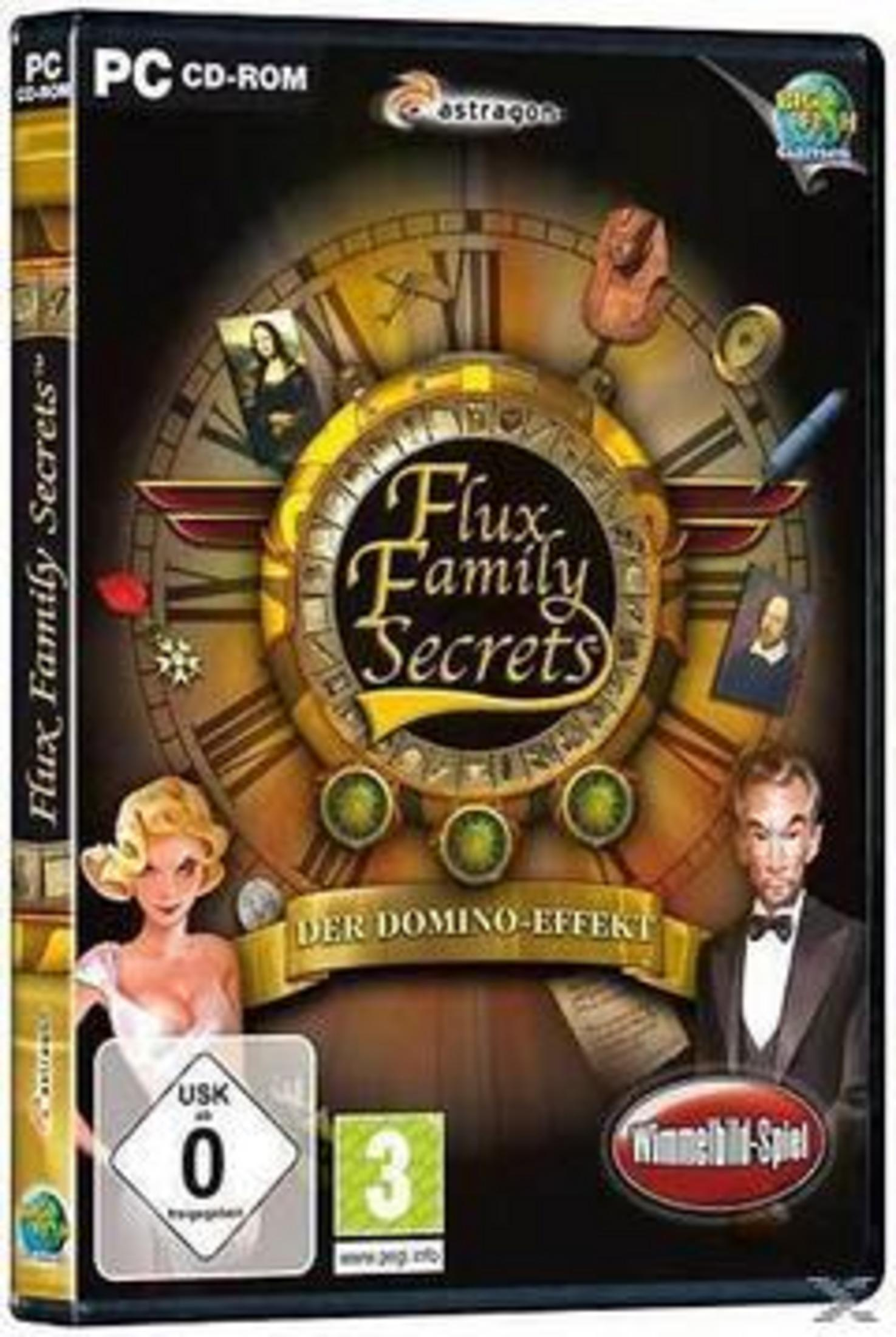PC CD-ROM Spielcover 'Flux Family Secrets' mit Uhr, Personen und USK 0 Siegel.