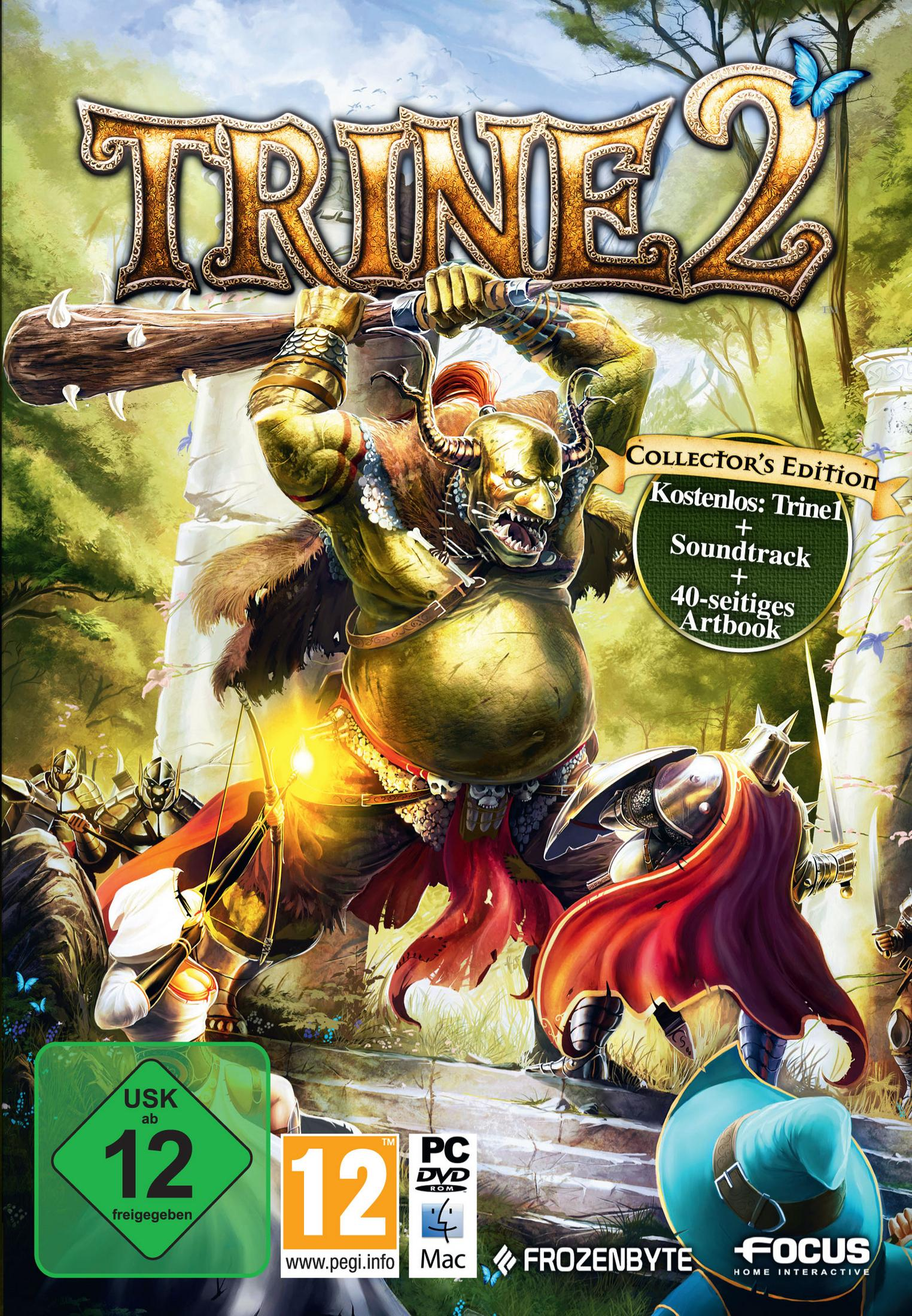 Ein grüner Riese mit Keule kämpft gegen Ritter. Trine 2 Collector's Edition.