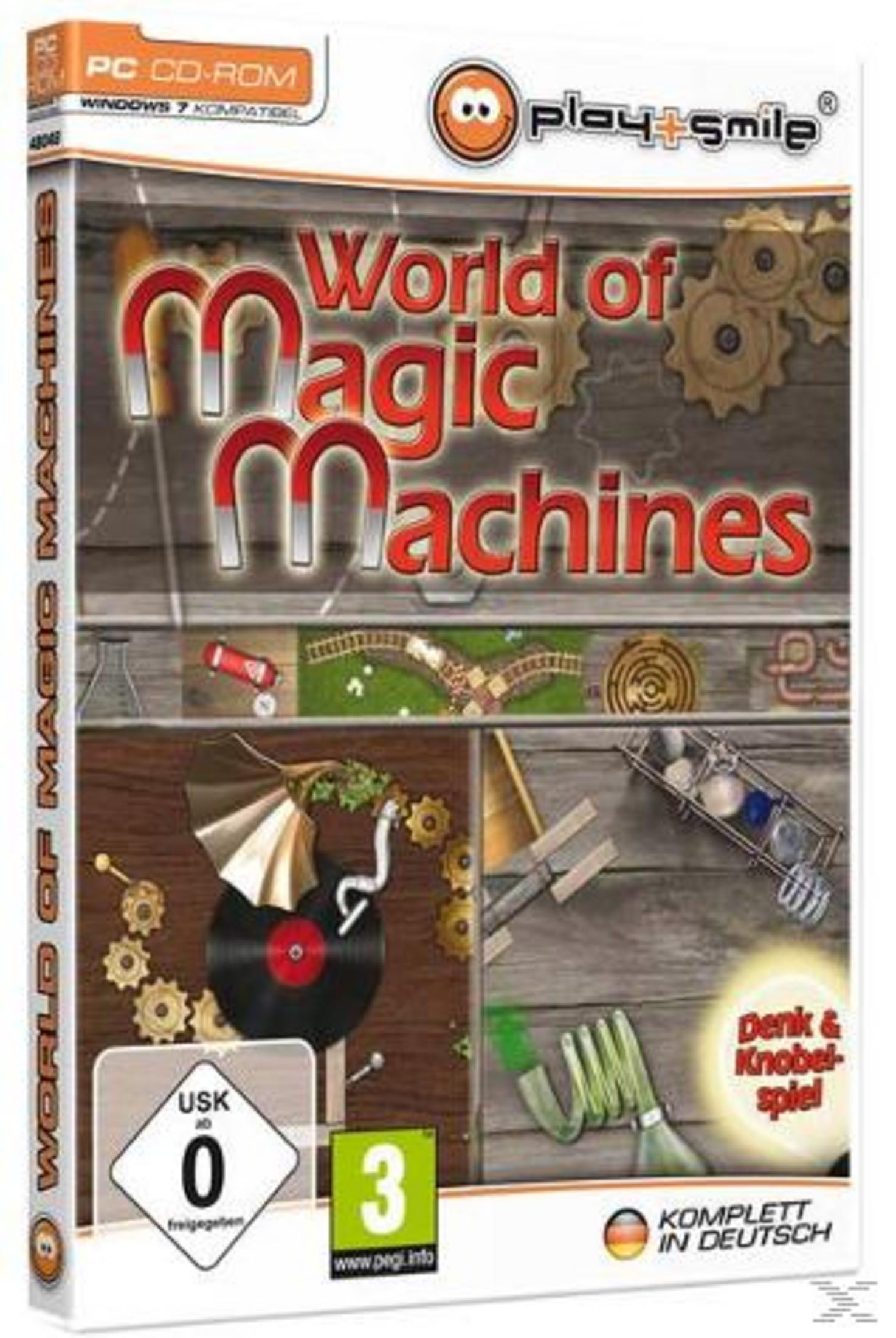 PC CD-ROM Spiel "World of Magic Machines" mit Zahnrädern, einer Schallplatte und einem Labyrinth.