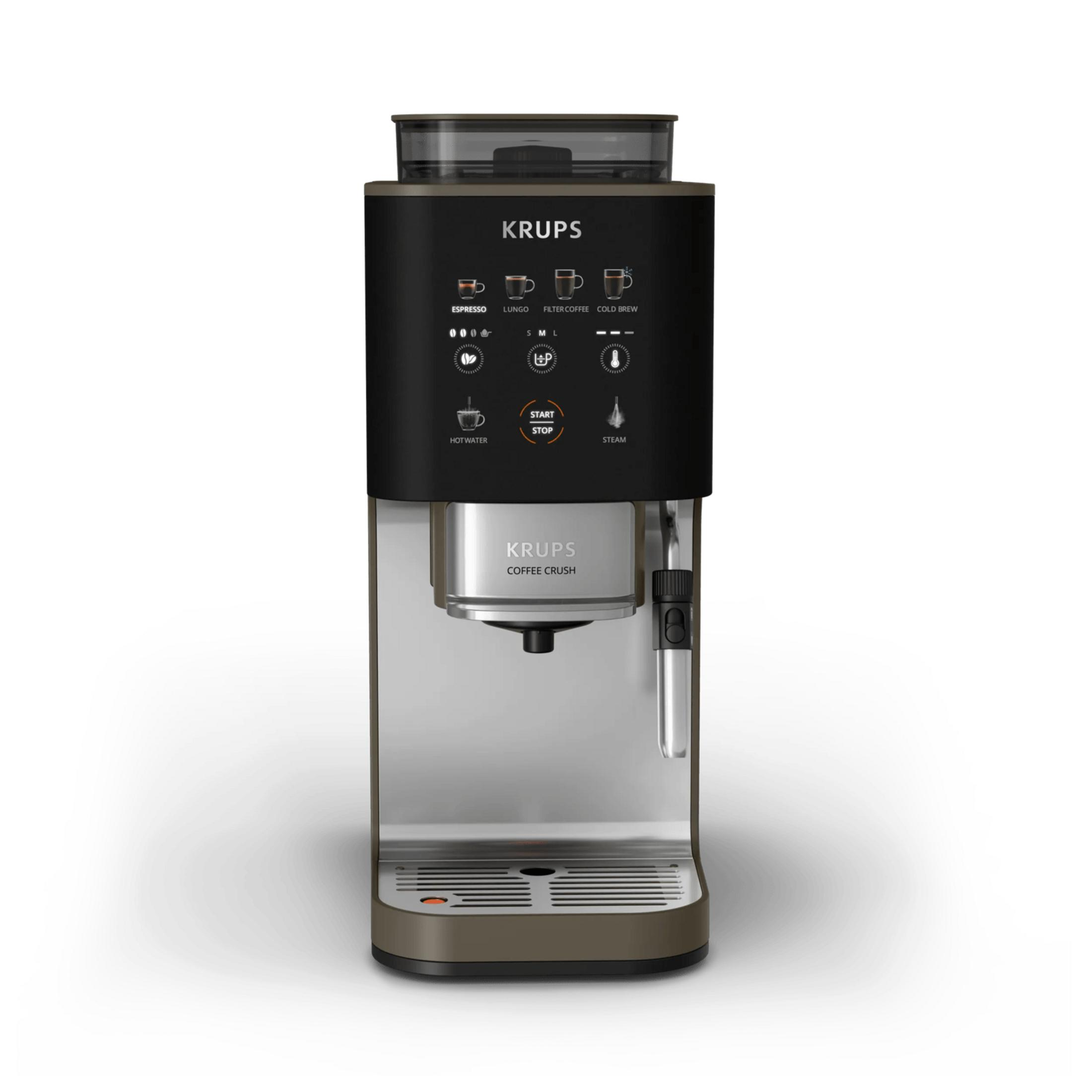 Una macchina da caffè Krups nera con accenti argentati e pannello di controllo.