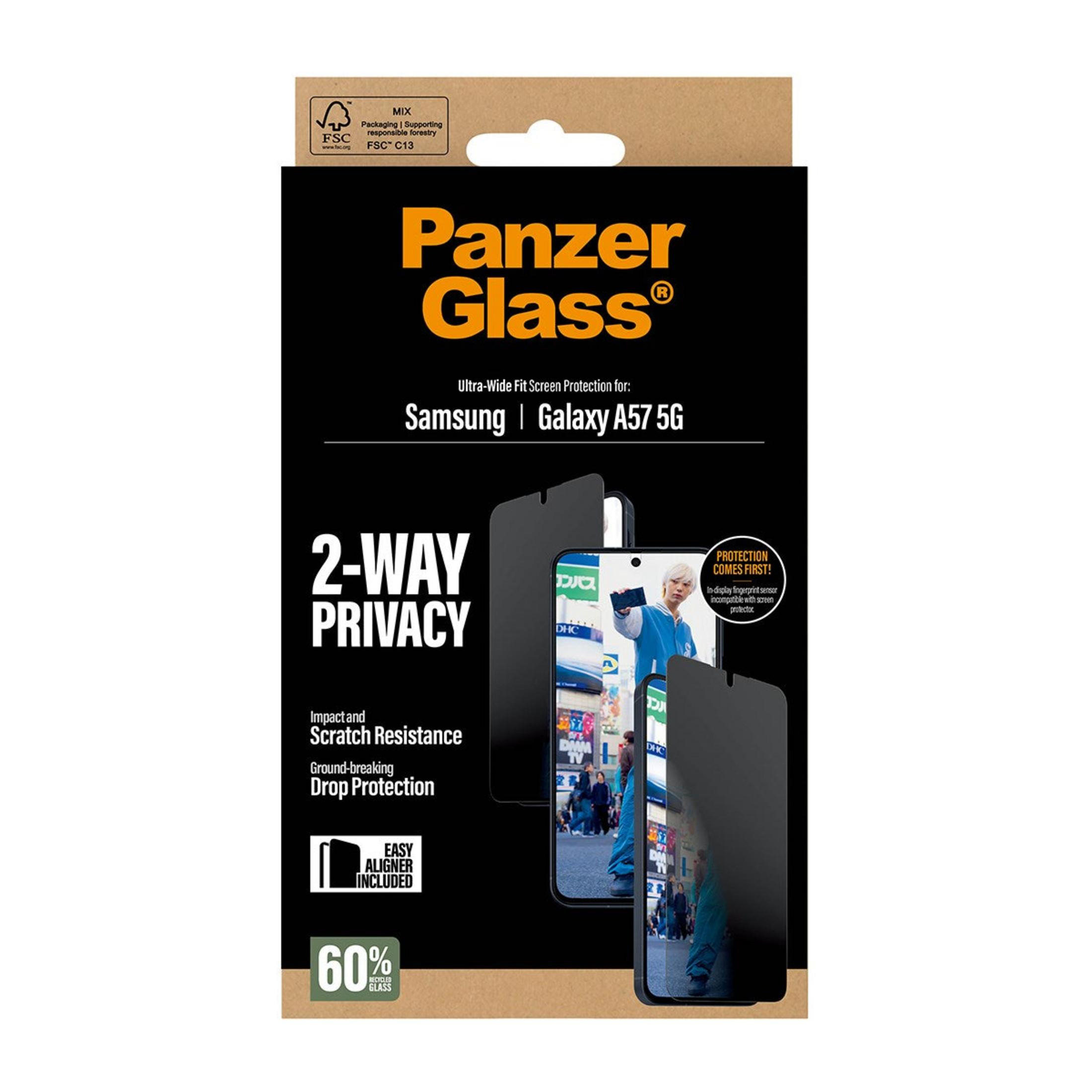 Panzer Glass screenprotector voor Samsung Galaxy A57 5G met 2-weg privacy.