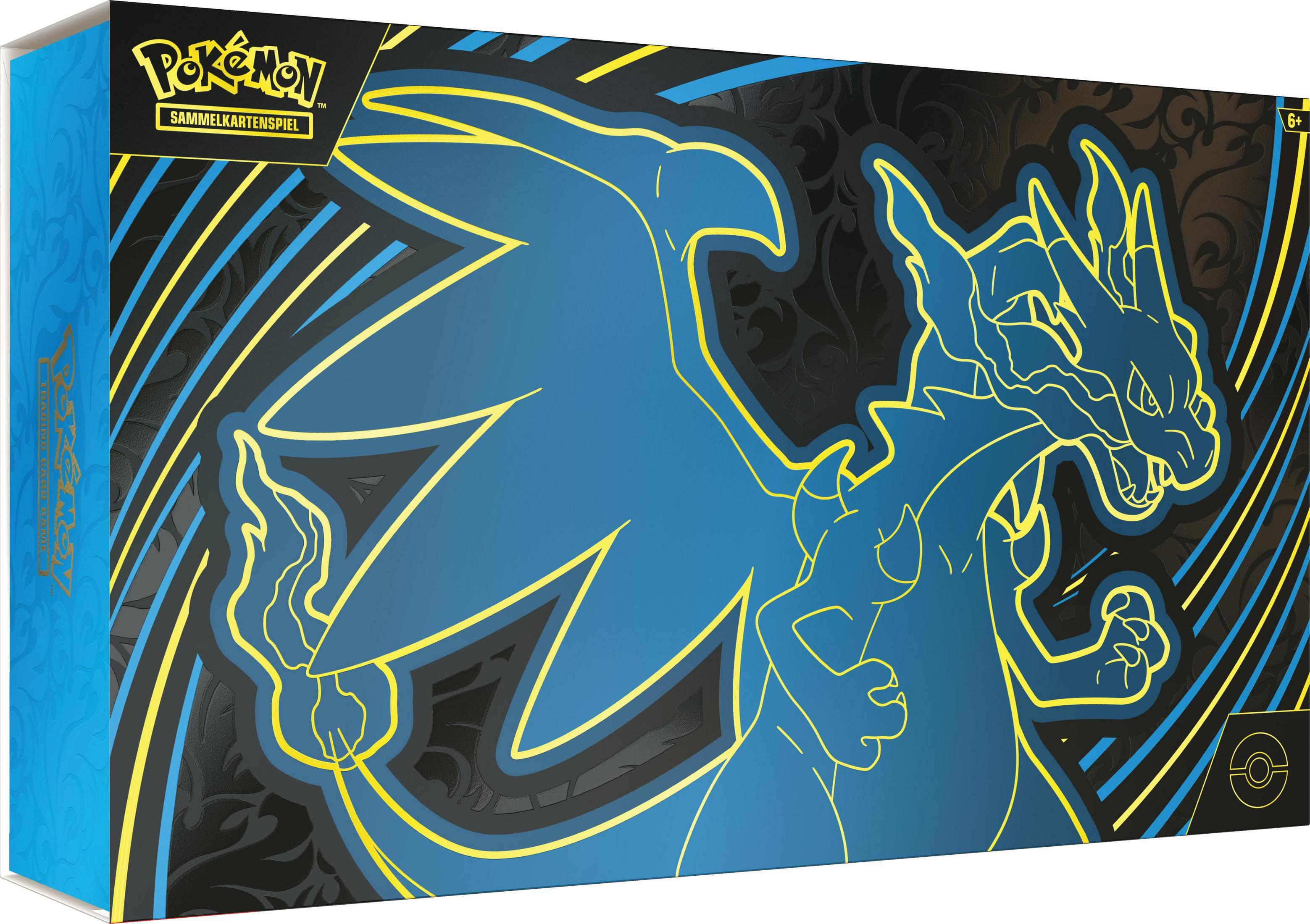 Pokemon Sammelkartenspiel-Box mit Charizard-Umriss in Blau und Gelb.