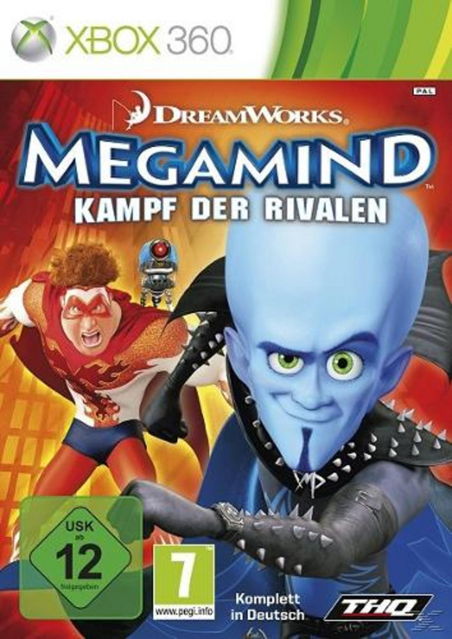 Megamind und Metro Man auf Xbox 360 Cover. USK 12, PEGI 7.
