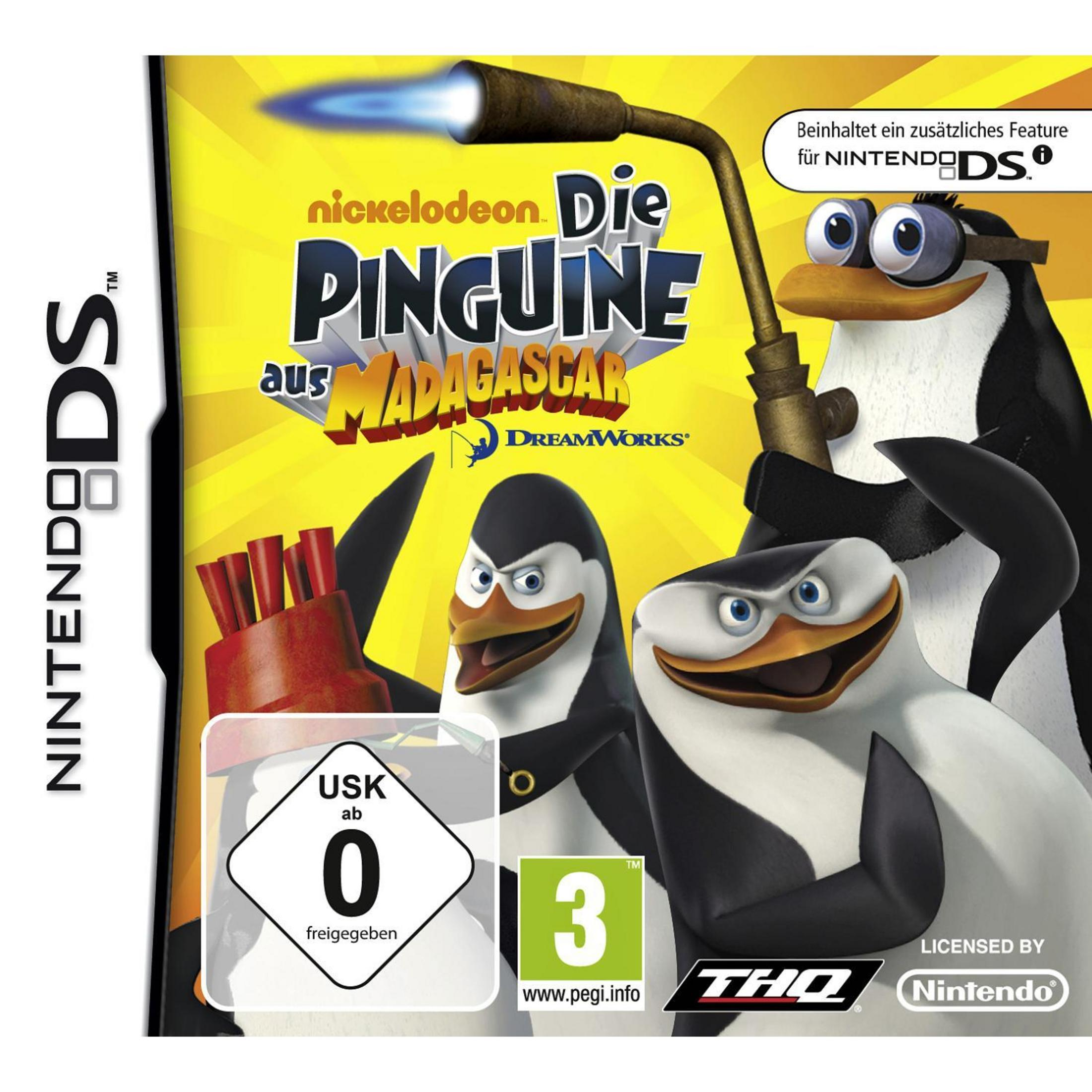 Nintendo DS Spielcover mit den Pinguinen aus Madagascar, einem Brenner und Altersfreigaben.