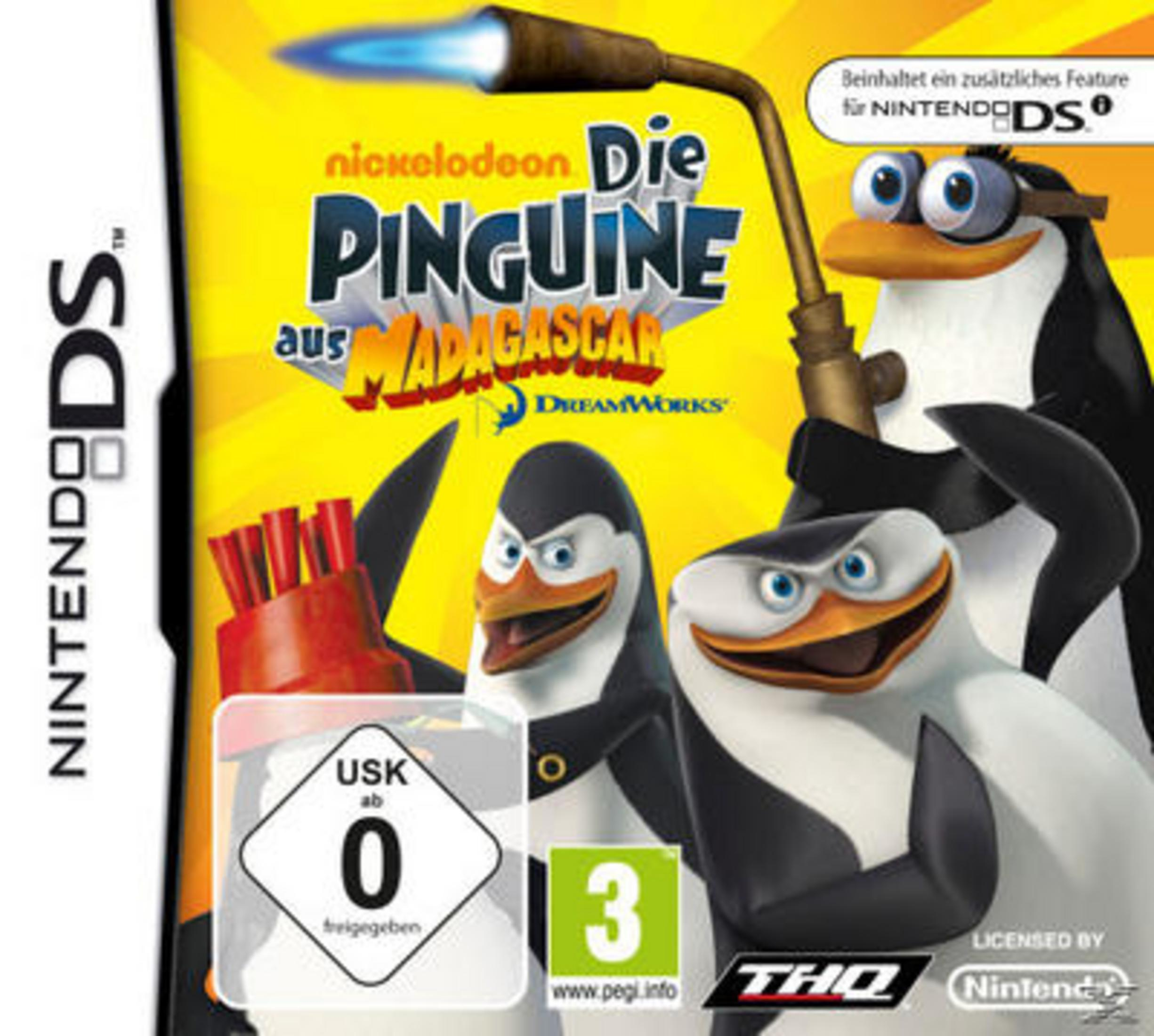 Nintendo DS Spielcover 'Die Pinguine aus Madagascar' mit den Charakteren und einem Brenner.