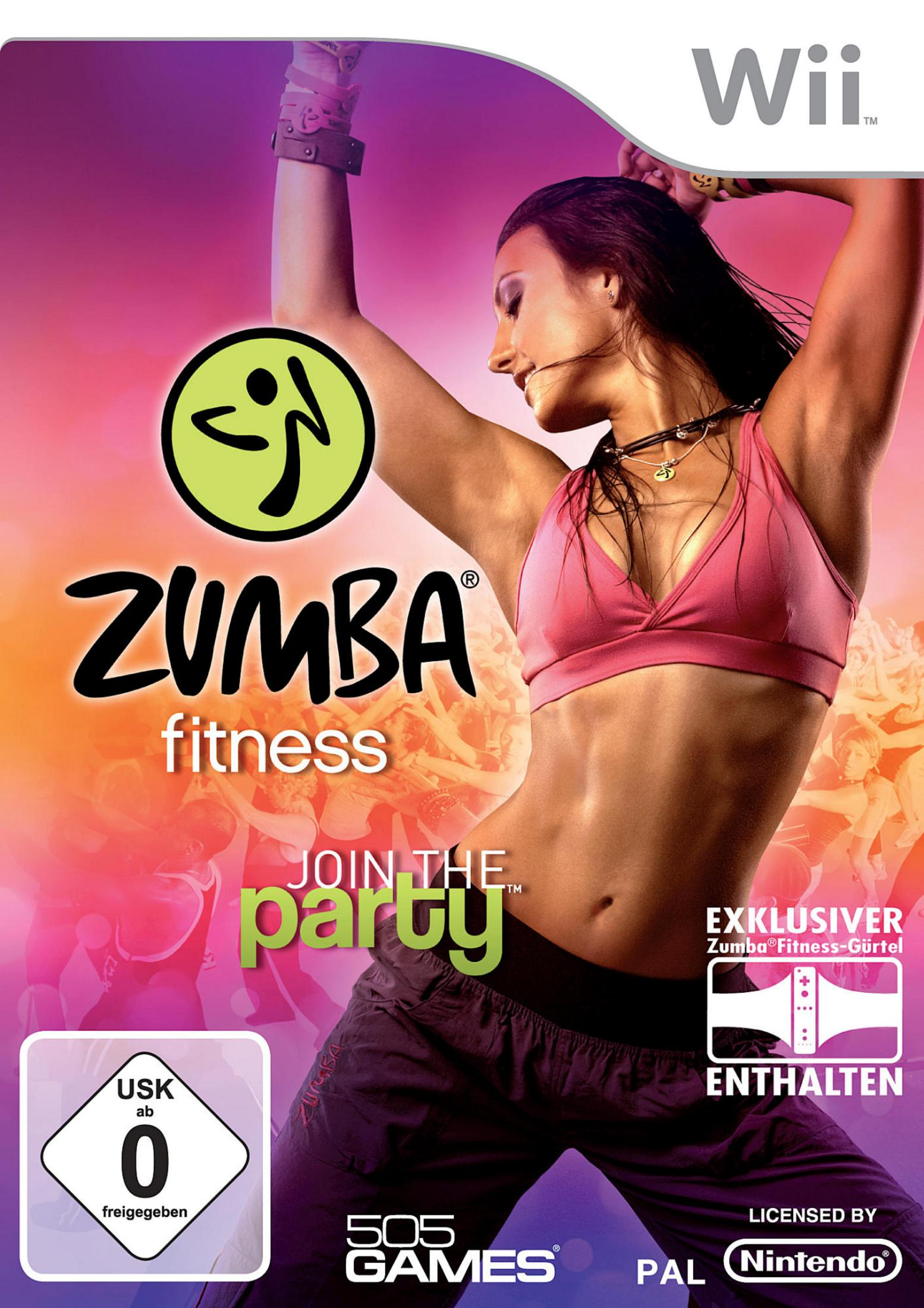 Zumba Fitness Wii Cover mit tanzender Frau, Logo und USK 0 Siegel.