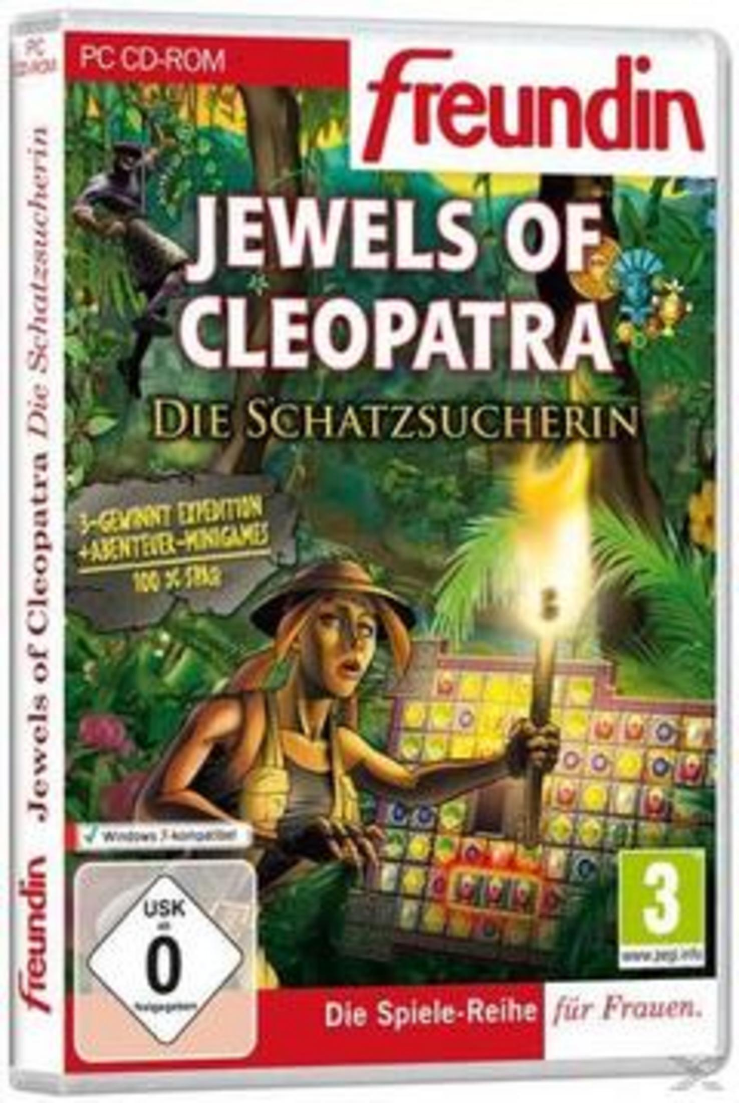 PC CD-ROM Spielbox: "Jewels of Cleopatra" mit Schatzsucherin und Spielbrett.