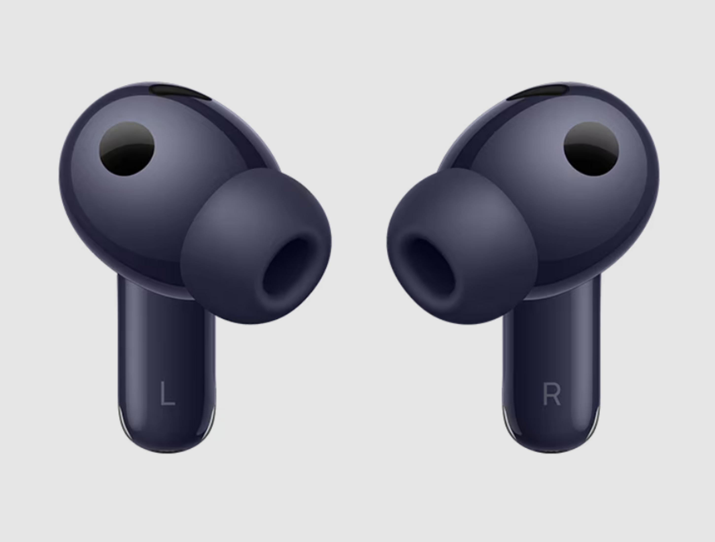 Auricolari wireless blu scuro con marchi L e R su sfondo grigio.