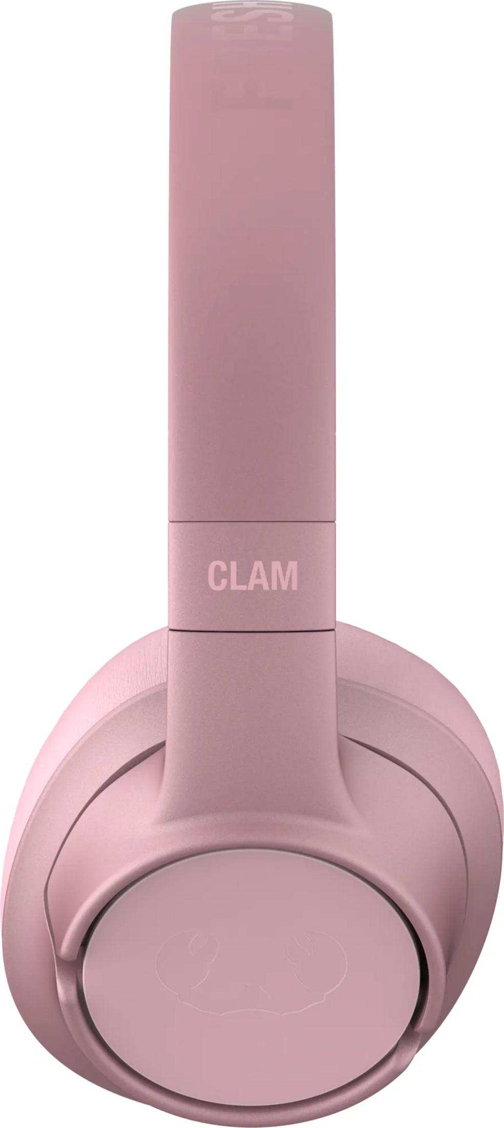 Un paio di cuffie rosa con la scritta CLAM.