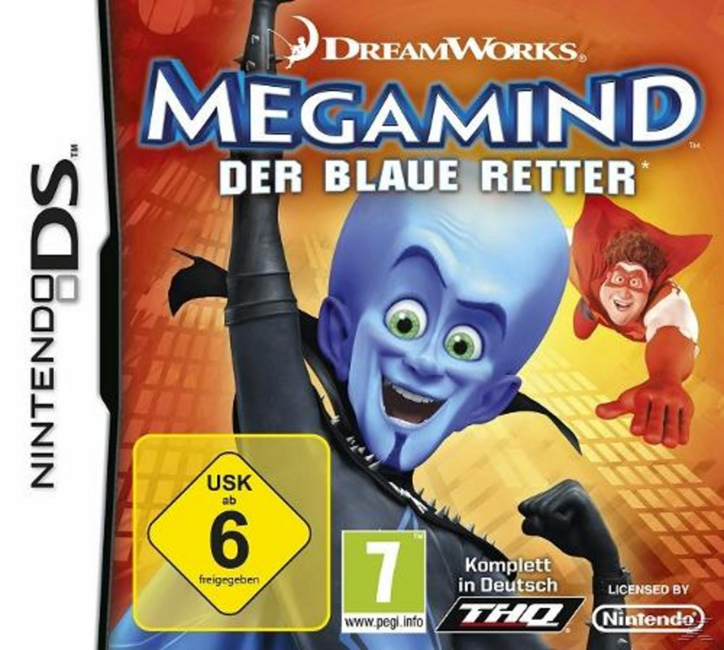Cover von Megamind: Der Blaue Retter für Nintendo DS mit Megamind und Metro Man.