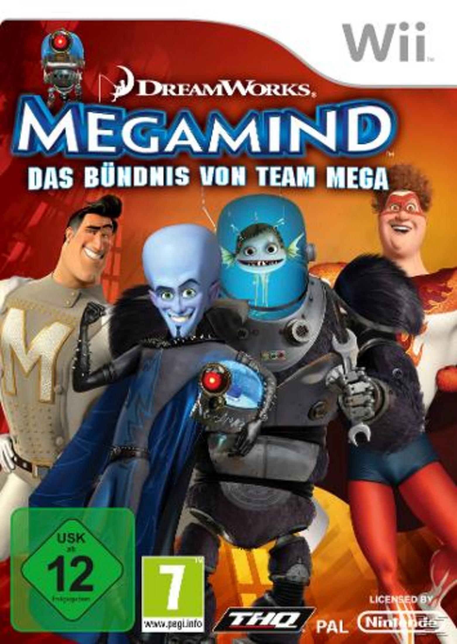 Das Cover des Wii-Spiels Megamind zeigt vier Charaktere vor einem orangen Hintergrund.