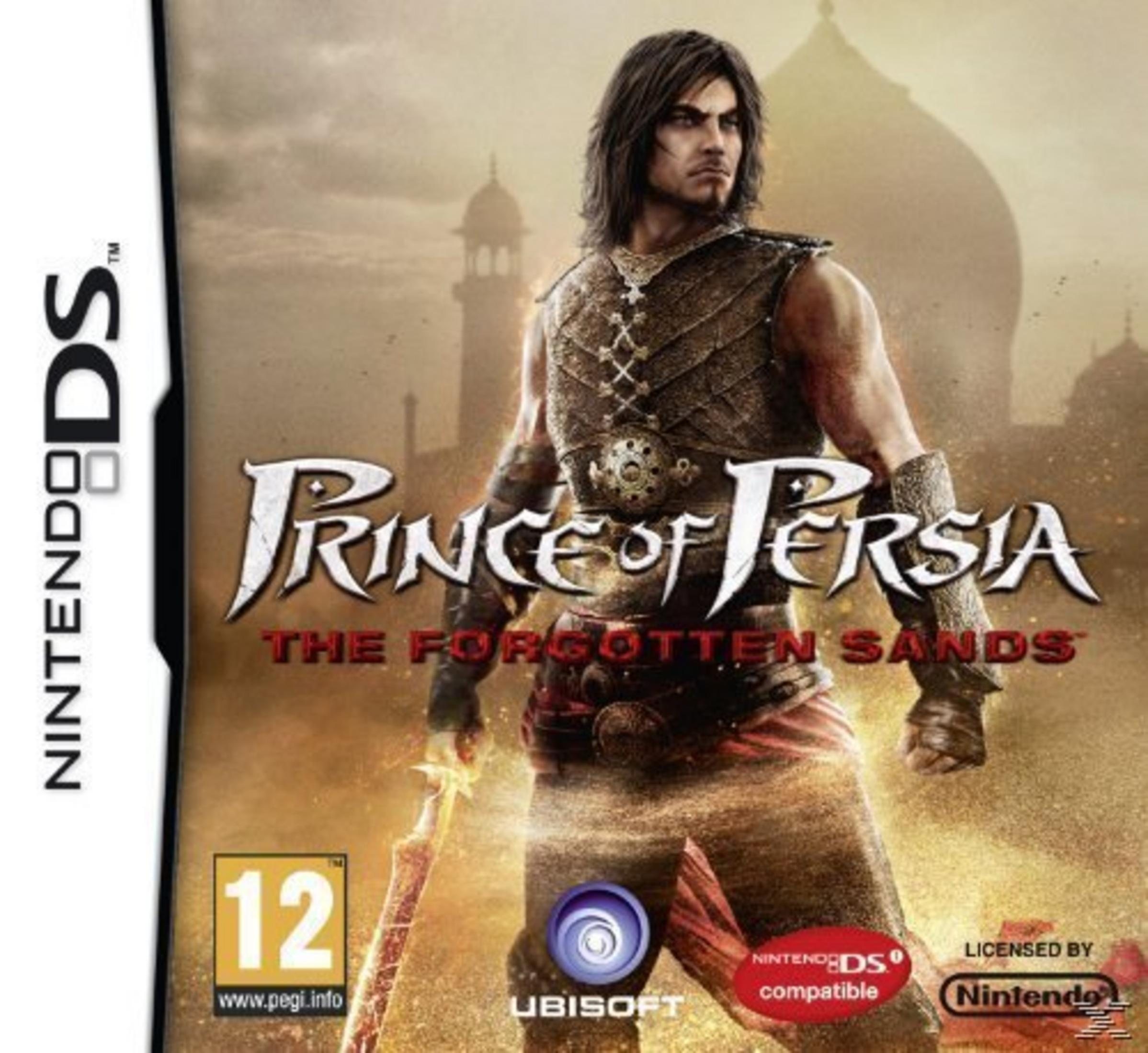 Prinz von Persien: Die vergessenen Sande Nintendo DS Cover mit Krieger und Turm.