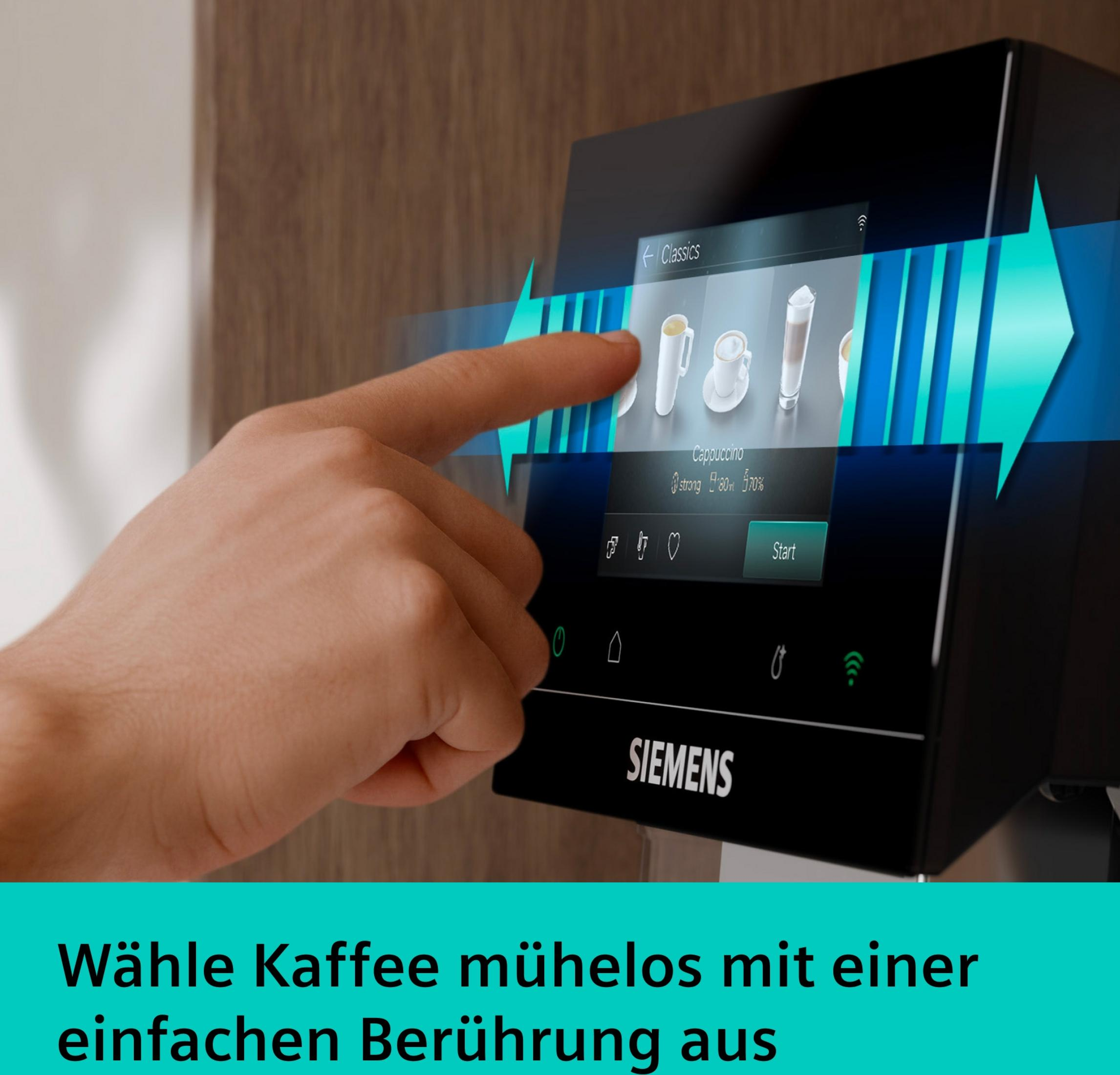 Ręka dotyka ekranu ekspresu do kawy, aby wybrać cappuccino.