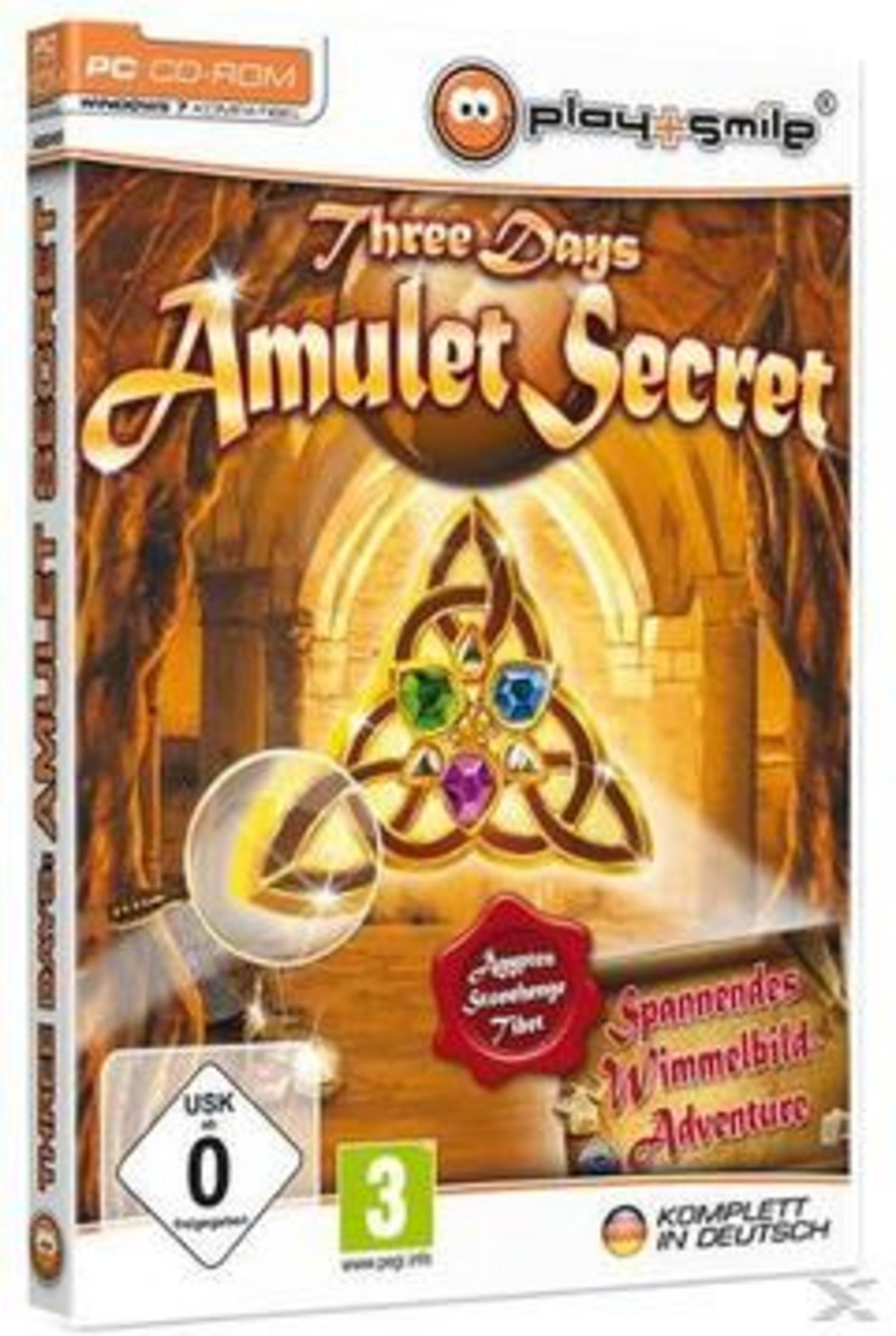 PC-CD-ROM-Spielcover 'Three Days Amulet Secret' mit magischem Amulett.
