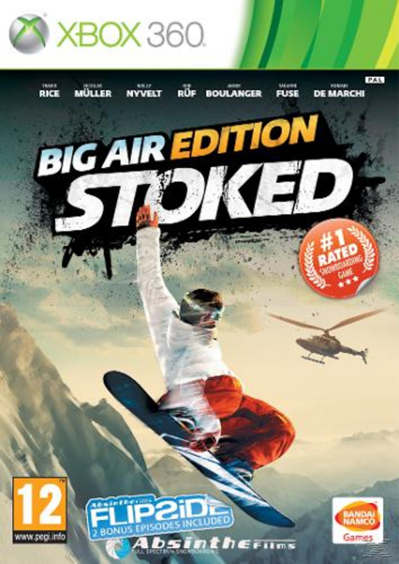 Snowboarder in der Luft, Xbox 360 Spielcover 'Big Air Edition Stoked'.