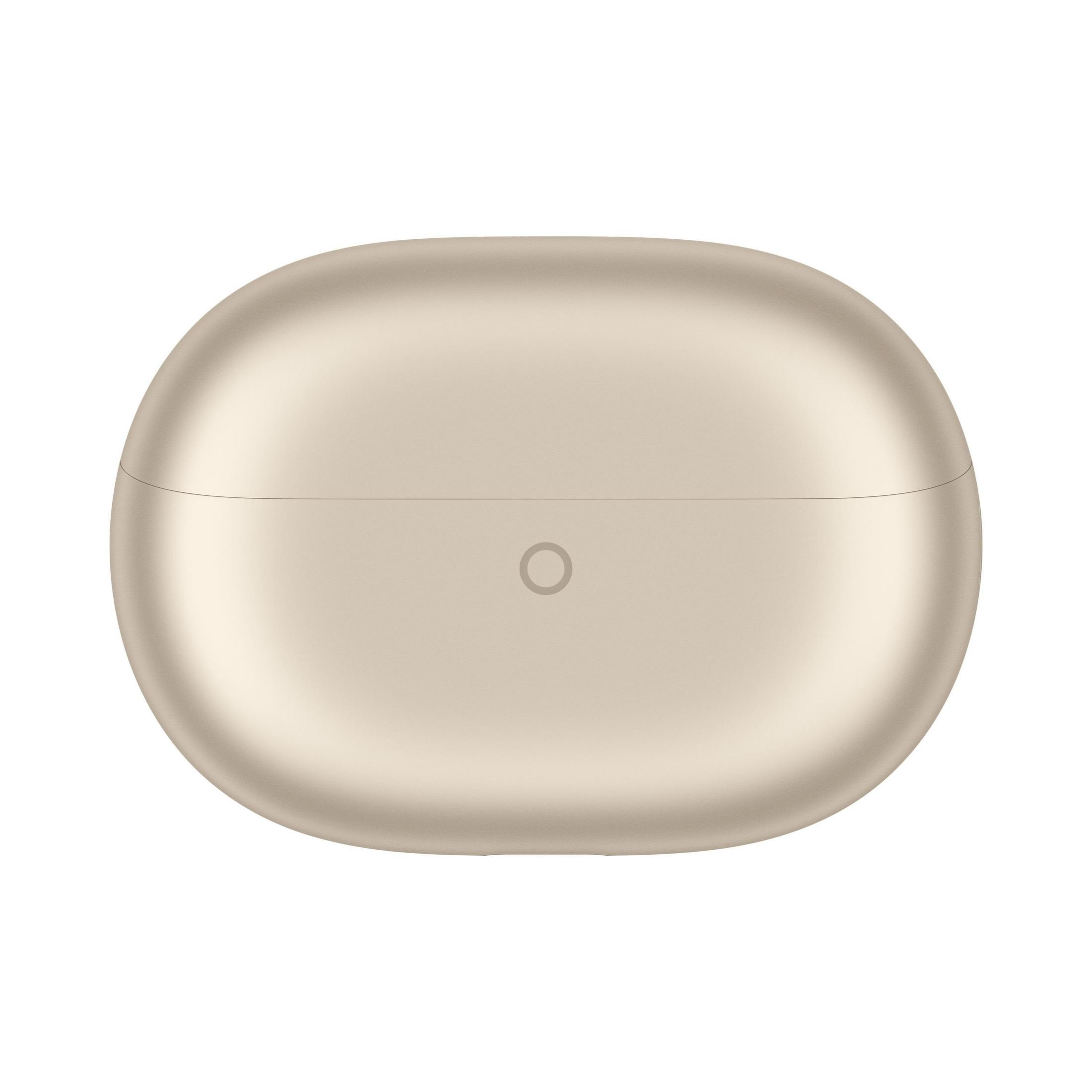A closed, oval, gold earbud case with a thin horizontal line and a small circle.