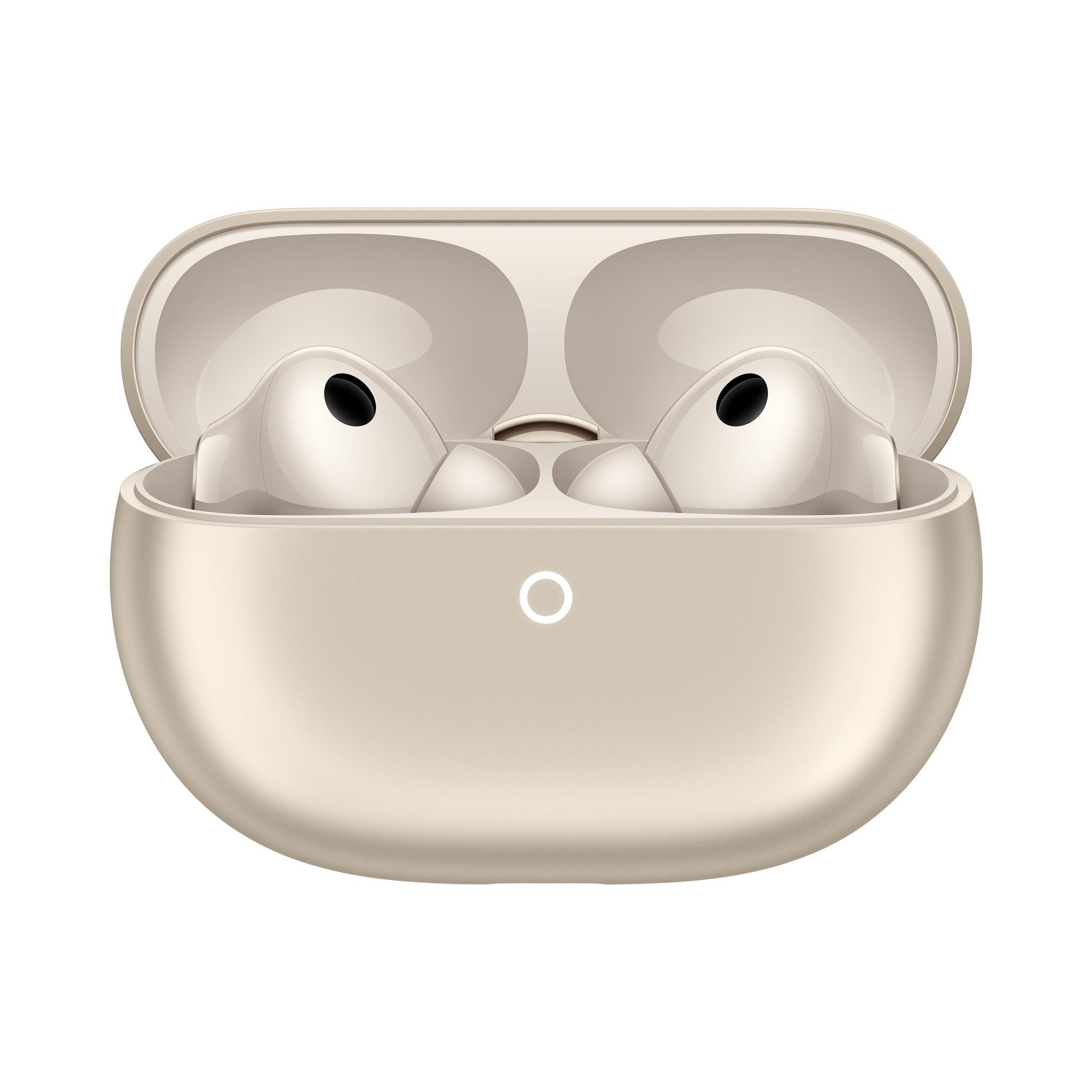 Gold earbuds in charging case, isolated on a white background.