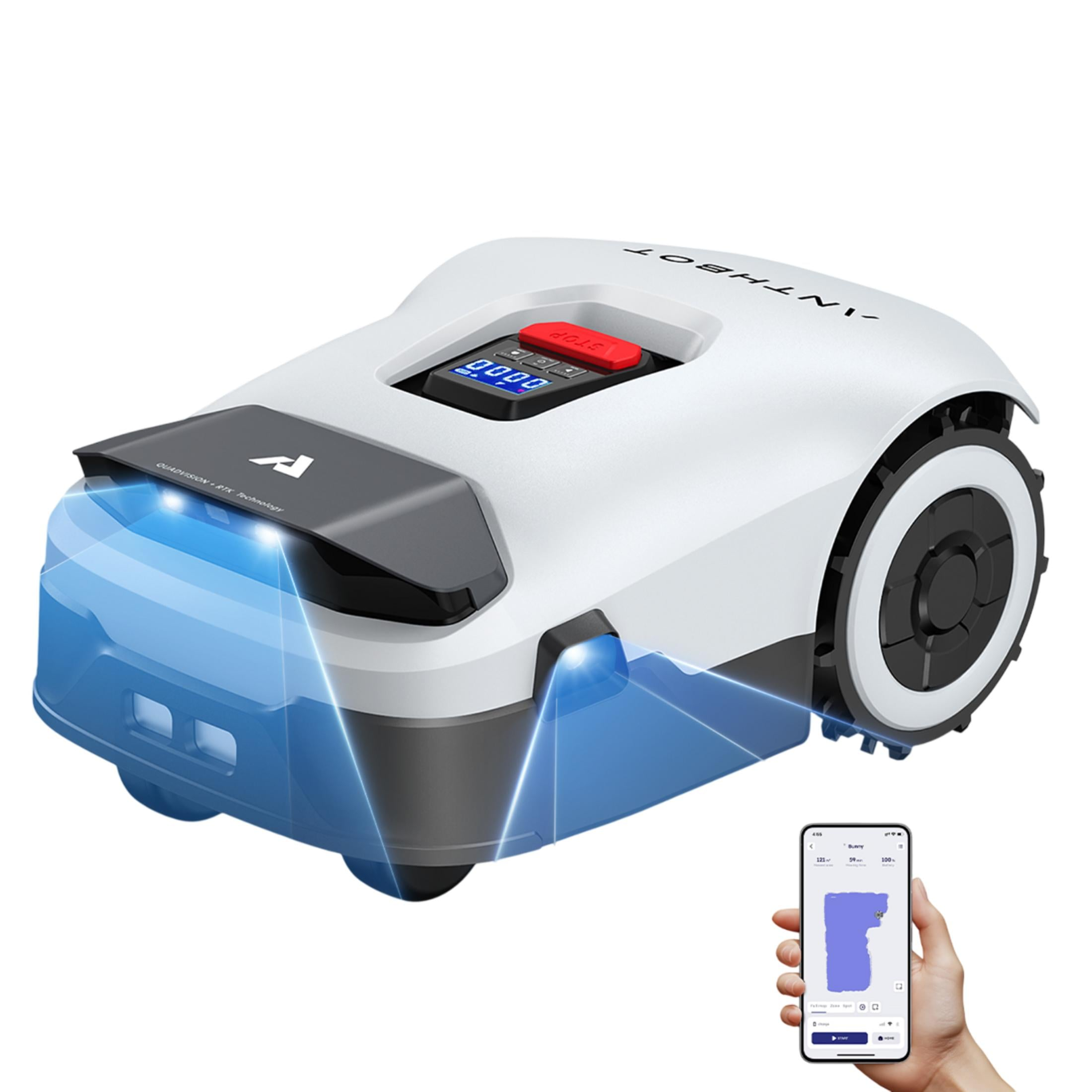 Ein weißer Mähroboter mit blauem Licht und einem Smartphone, das eine Karte anzeigt.