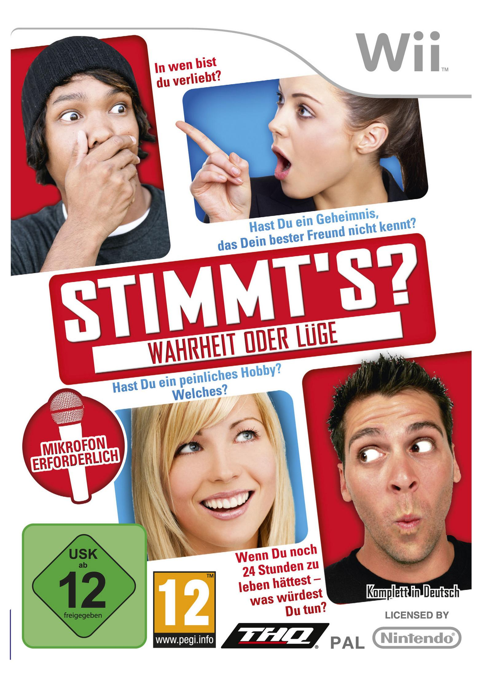 Copertina gioco Wii "Stimmt's?". Tre persone giocano a "Verità o Bugia".